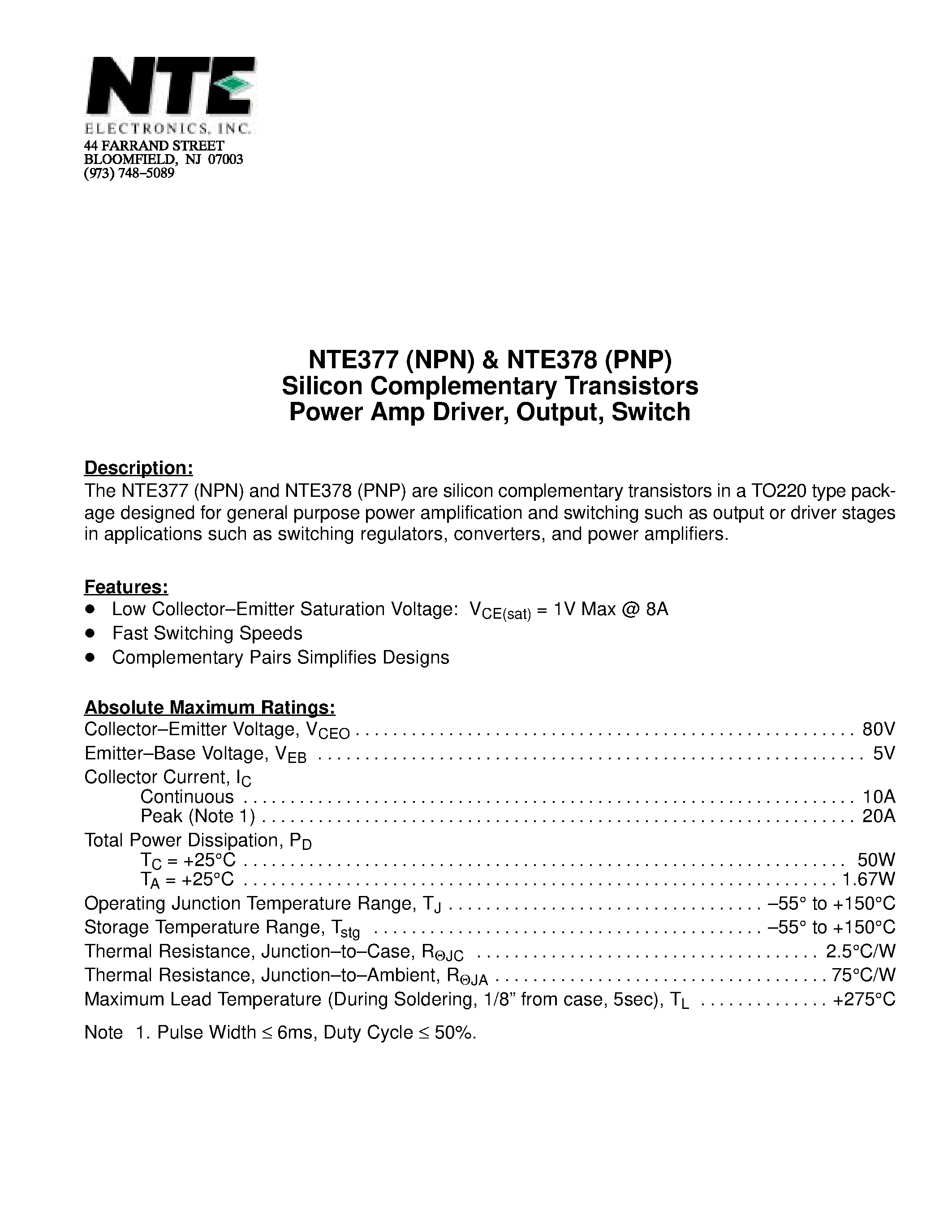 Даташит NTE377(NPN) - Silicon Complementary Transistors Power Amp Driver / Output / Switch страница 1