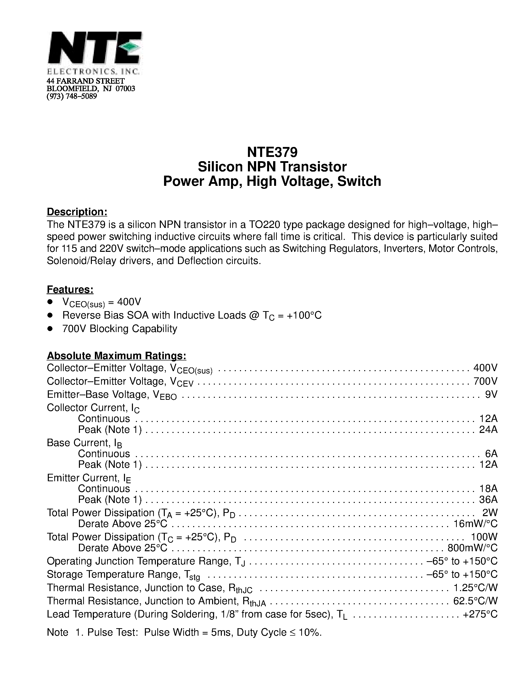 Datasheet NTE379 page 1 Datasheet NTE379 - Silicon NPN Transistor Power Amp / High Voltage / Switch page 1
