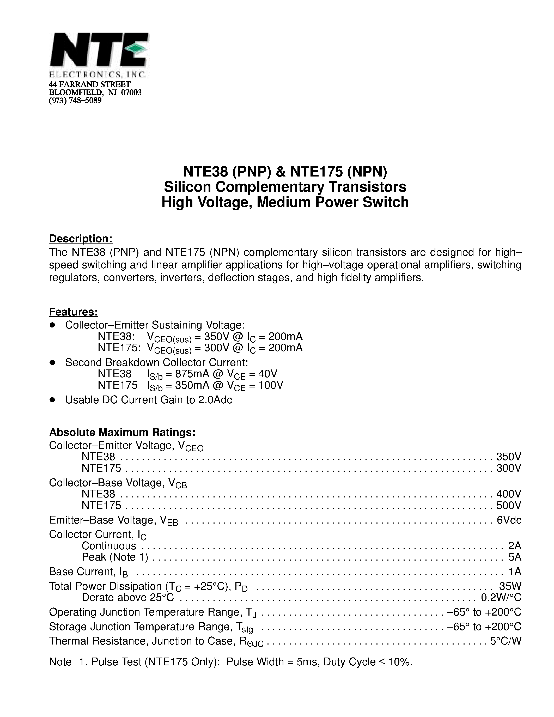 Datasheet NTE38 - Silicon Complementary Transistors High Voltage / Medium Power Switch page 1