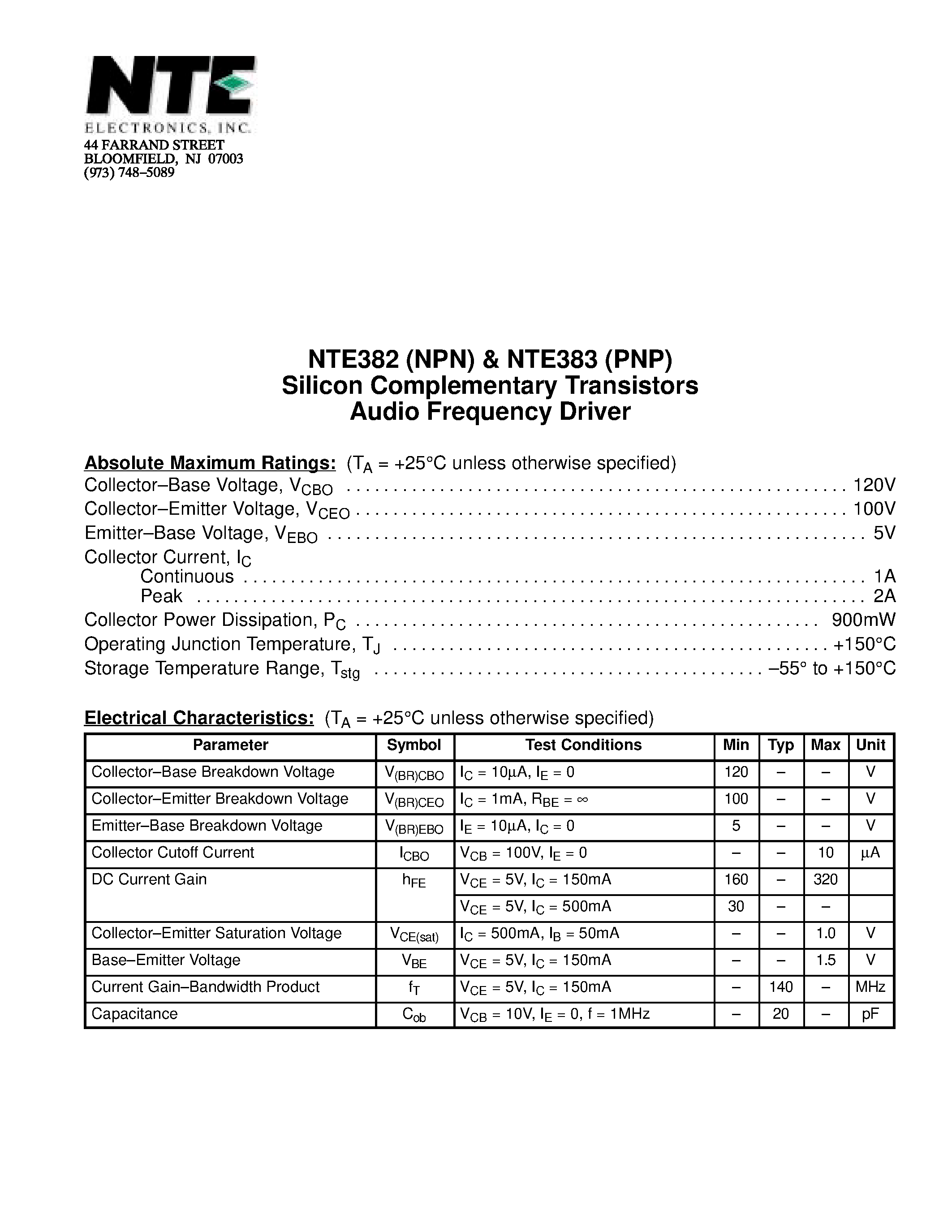 Datasheet NTE382 - Silicon Complementary Transistors Audio Frequency Driver page 1
