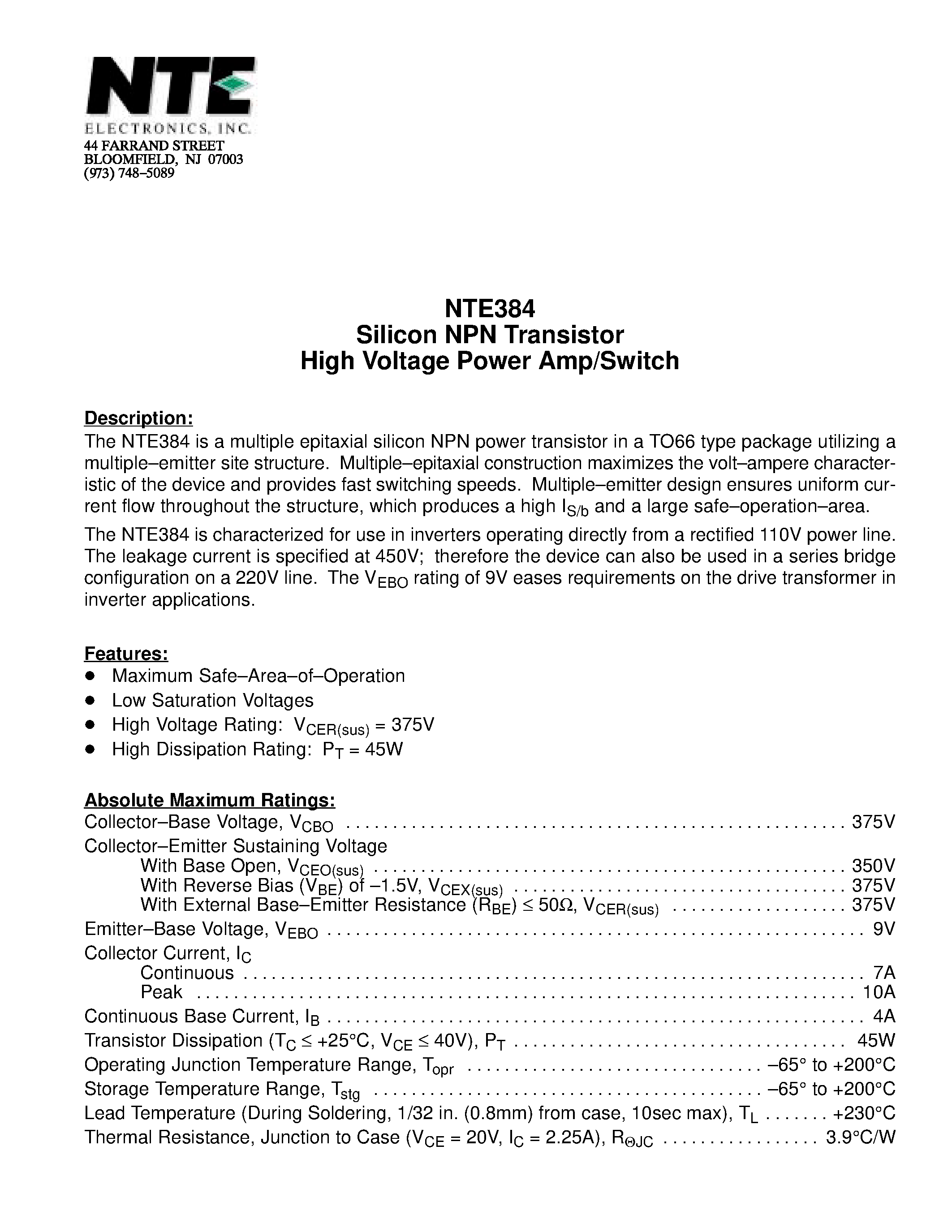 Datasheet NTE384 page 1 Datasheet NTE384 - Silicon NPN Transistor High Voltage Power Amp/Switch page 1