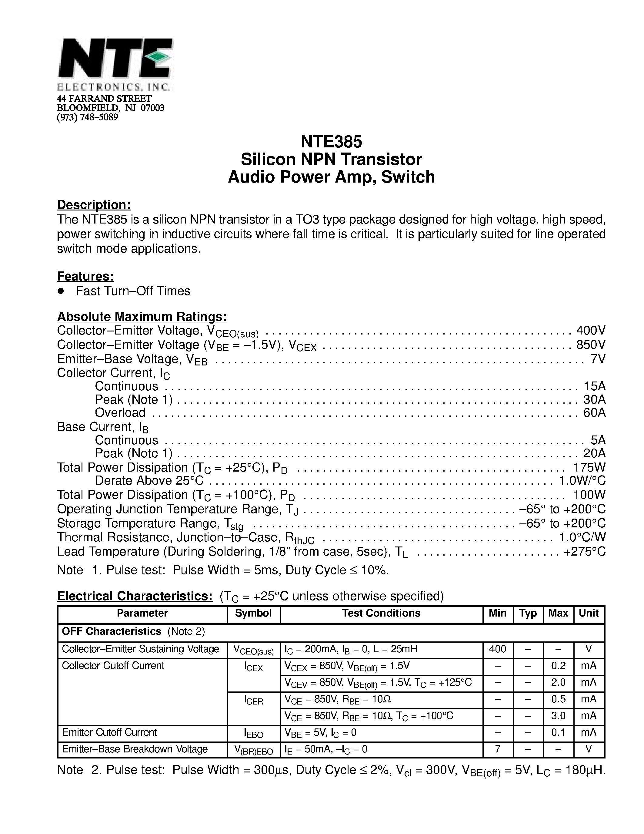 Datasheet NTE385 - Silicon NPN Transistor Audio Power Amp / Switch page 1