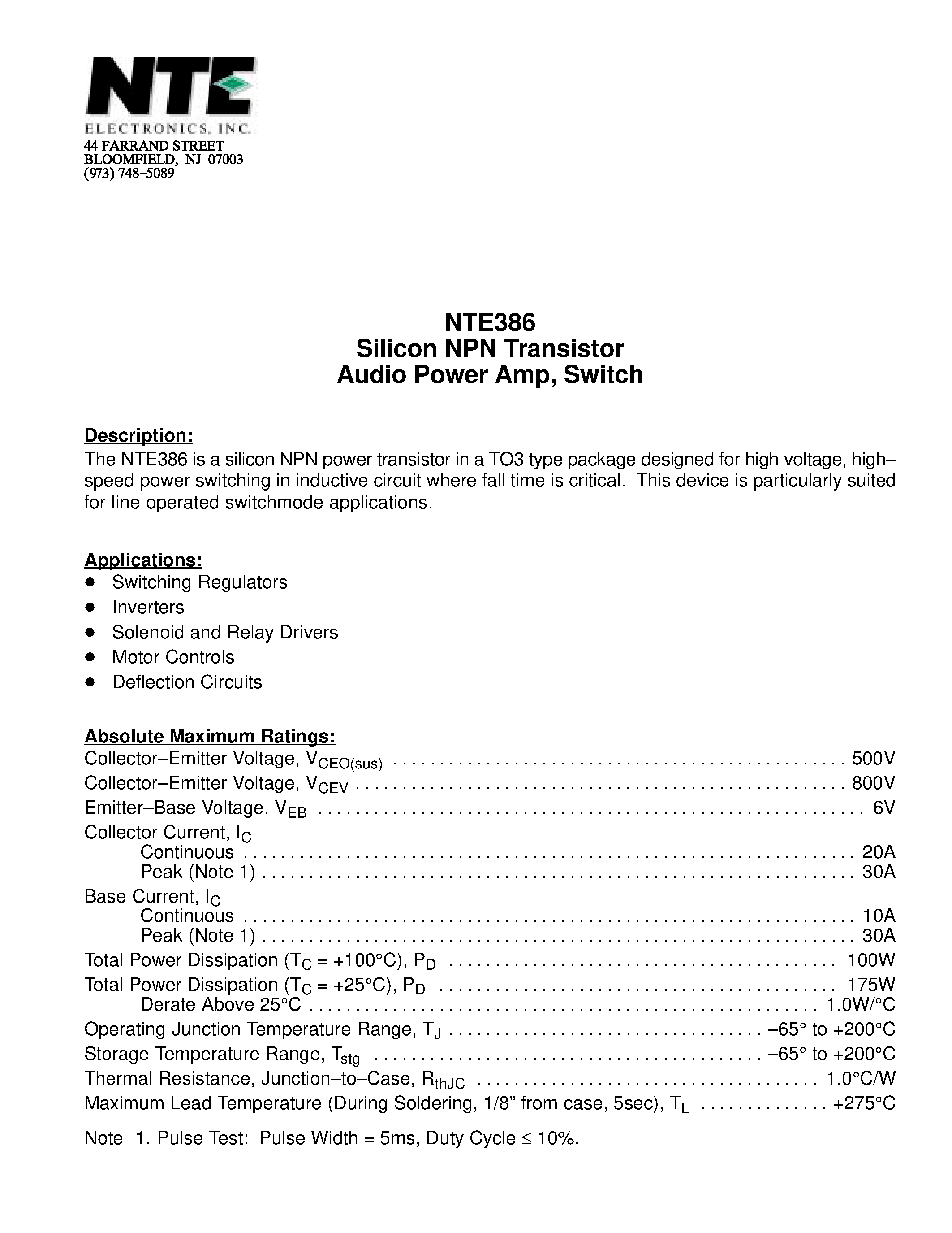 Datasheet NTE386 page 1 Datasheet NTE386 - Silicon NPN Transistor Audio Power Amp / Switch page 1