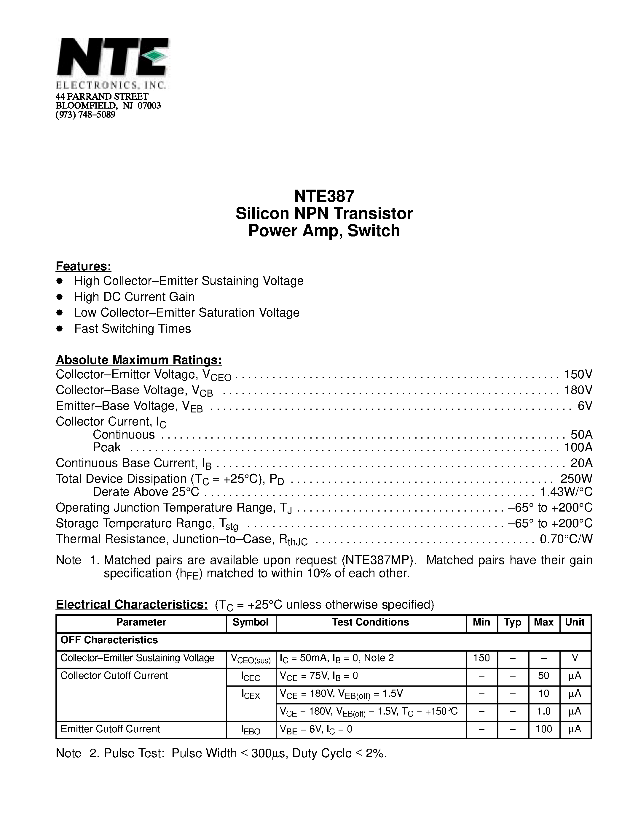 Datasheet NTE387 - Silicon NPN Transistor Power Amp / Switch page 1