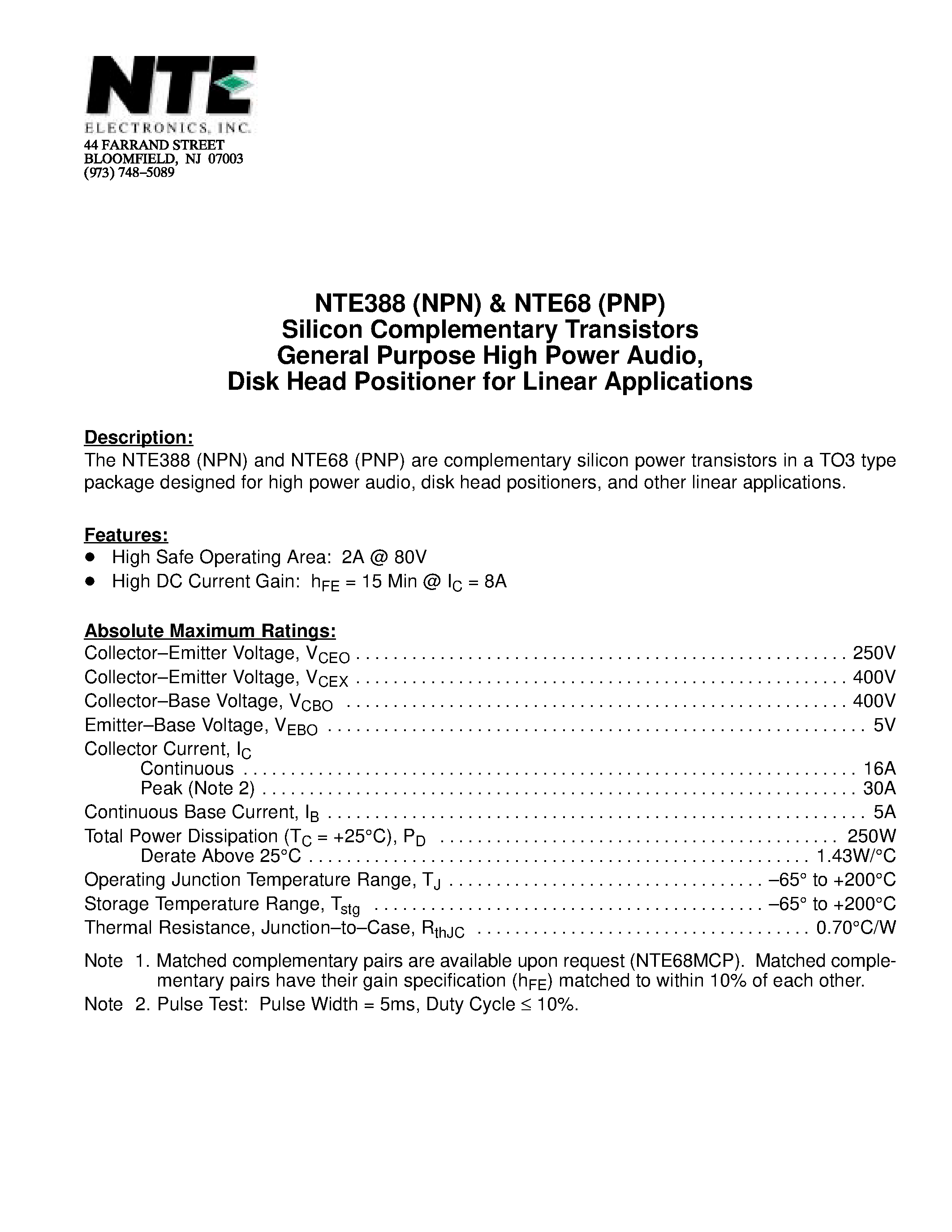 Datasheet NTE388 - Silicon Complementary Transistors General Purpose High Power Audio / Disk Head Positioner for Linear Applications page 1