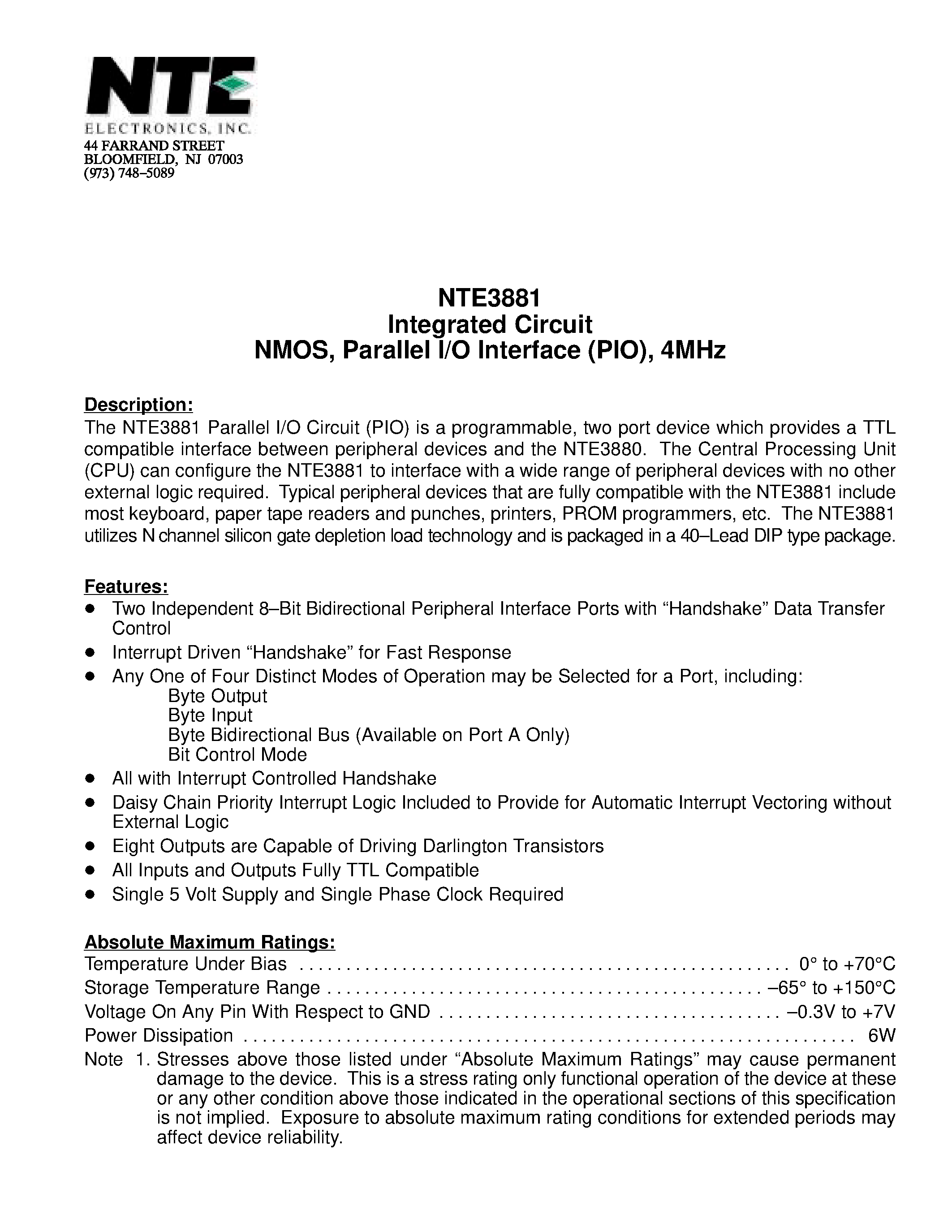 Даташит на микросхему NTE3881 страница 1 Даташит NTE3881 - Integrated Circuit NMOS / Parallel I/O Interface (PIO) / 4MHz страница 1