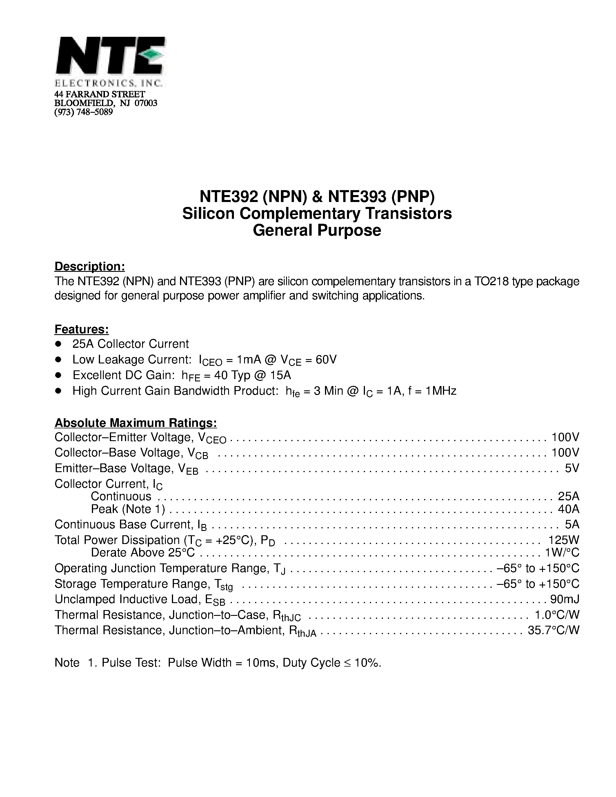 Даташит NTE392 - Silicon Complementary Transistors General Purpose страница 1