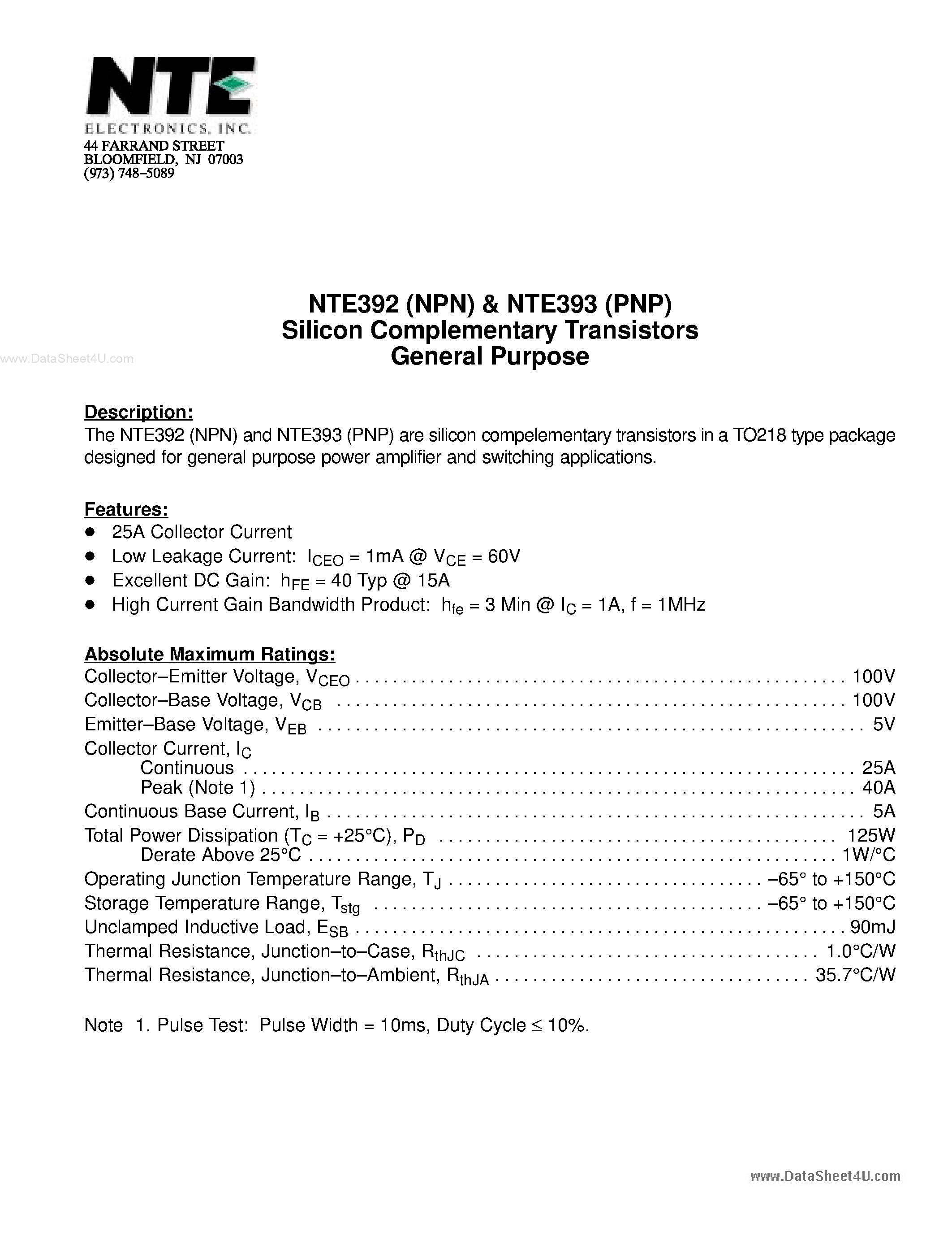Datasheet NTE393(PNP) - Silicon Complementary Transistors General Purpose page 1
