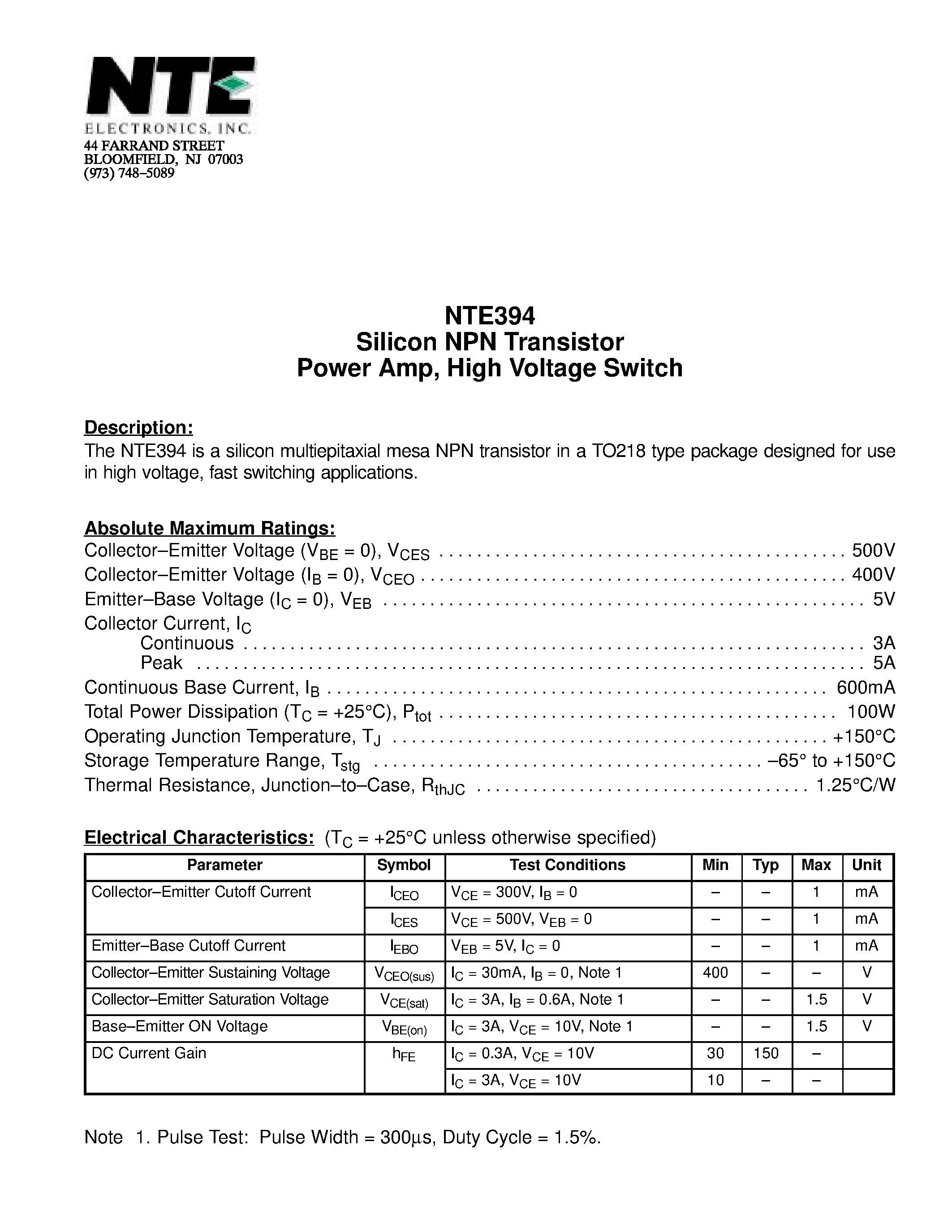 Datasheet NTE394 - Silicon NPN Transistor Power Amp / High Voltage Switch page 1