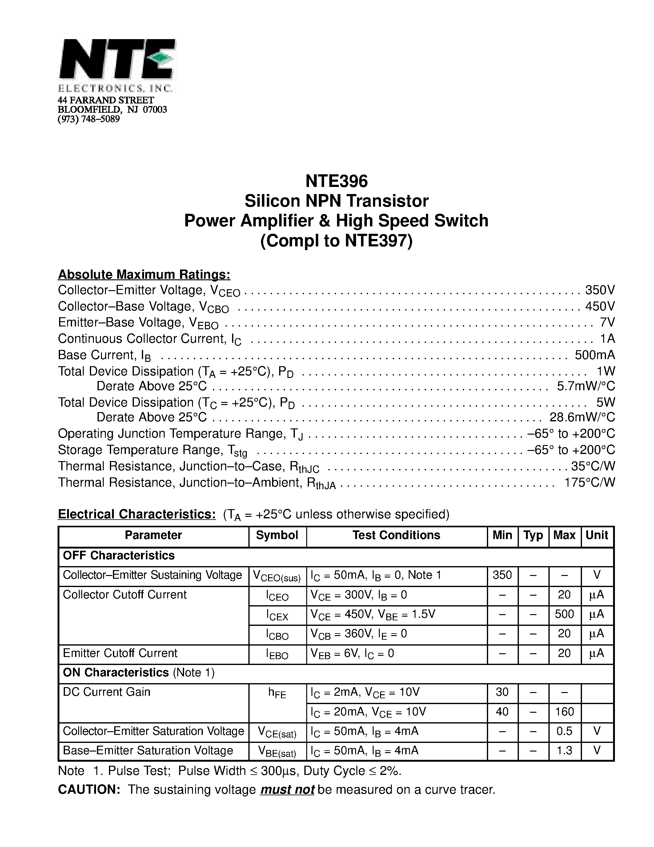 Datasheet NTE396 page 1 Datasheet NTE396 - Silicon NPN Transistor Power Amplifier & High Speed Switch (Compl to NTE397) page 1
