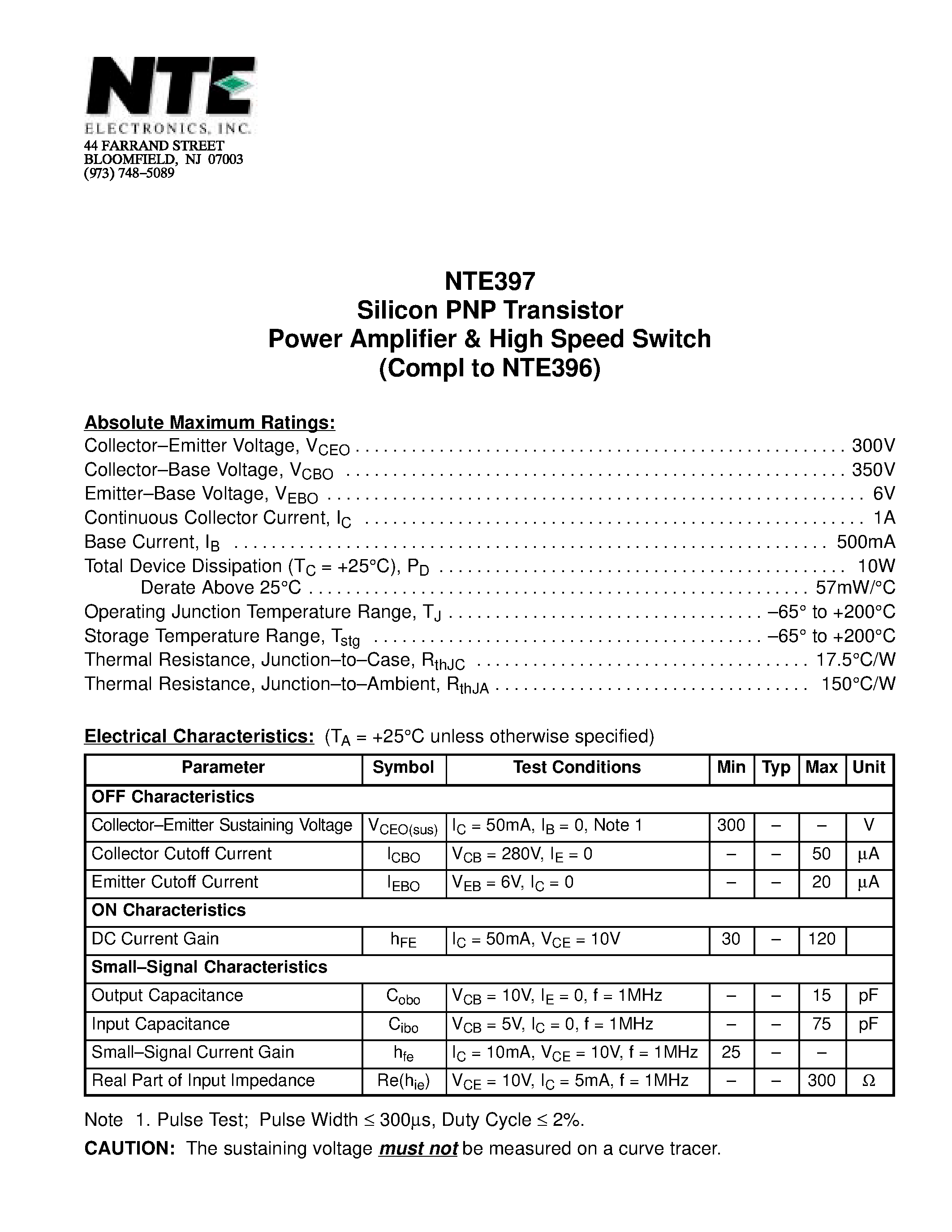 Datasheet NTE397 - Silicon PNP Transistor Power Amplifier & High Speed Switch (Compl to NTE396) page 1