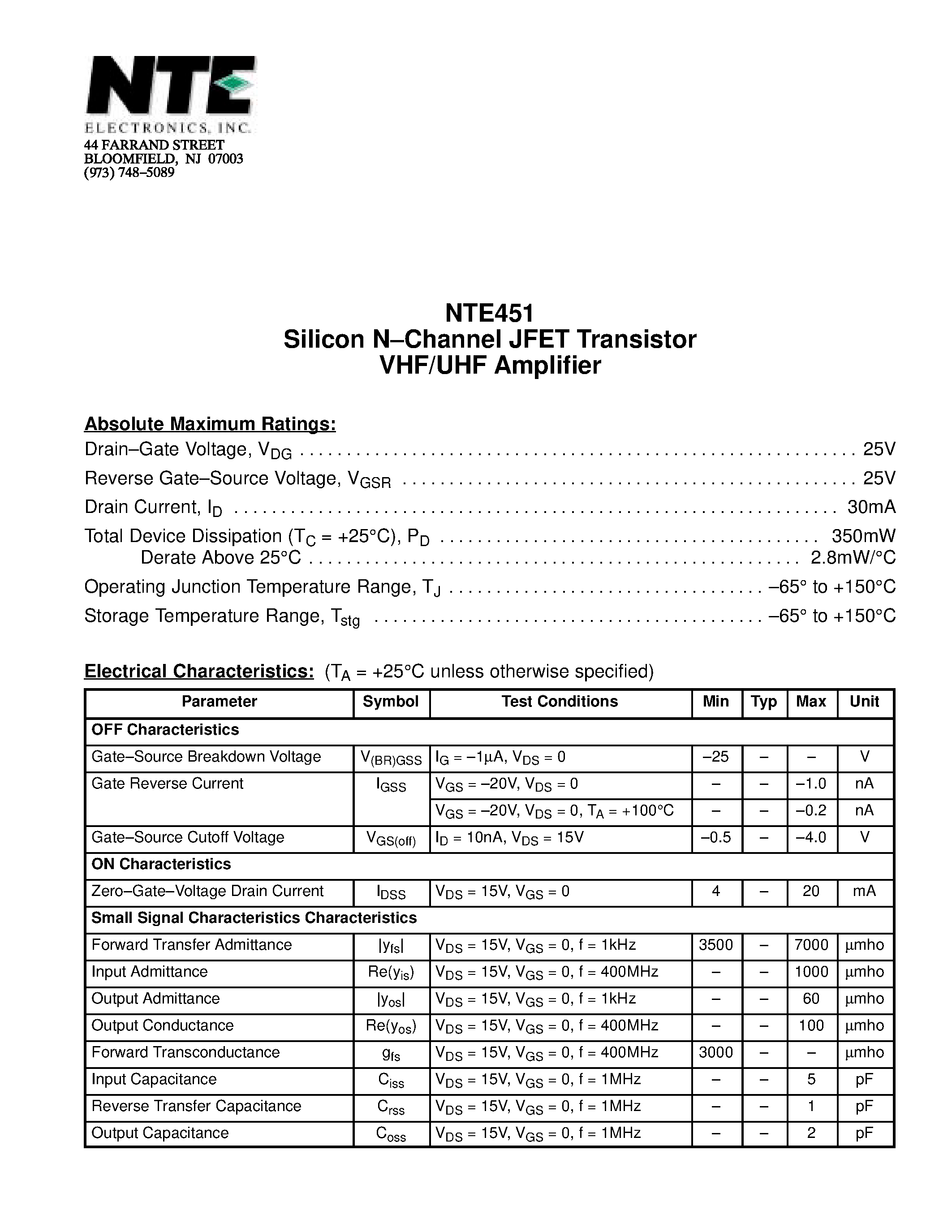 Datasheet NTE451 - Silicon N-Channel JFET Transistor VHF/UHF Amplifier page 1