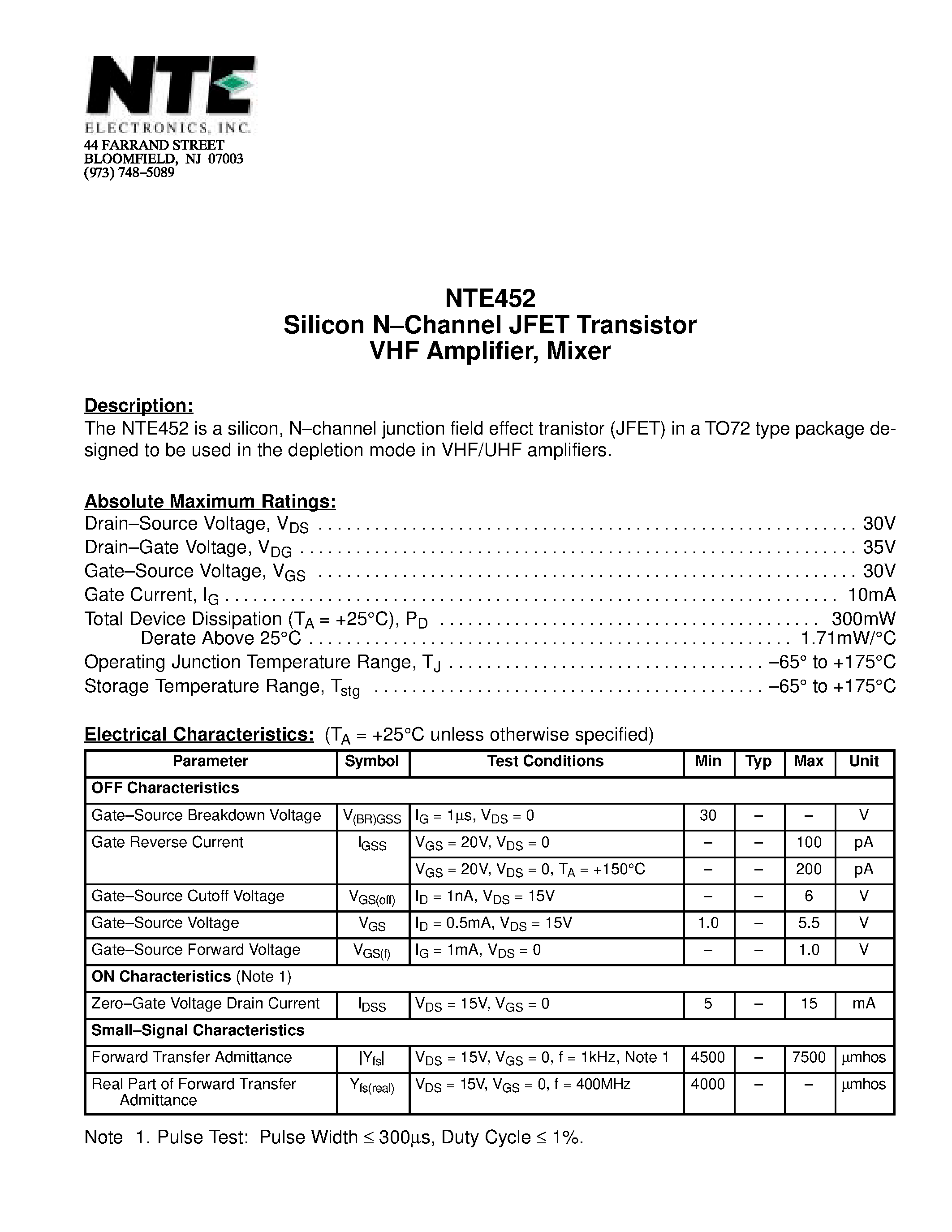 Datasheet NTE452 - Silicon N-Channel JFET Transistor VHF Amplifier / Mixer page 1