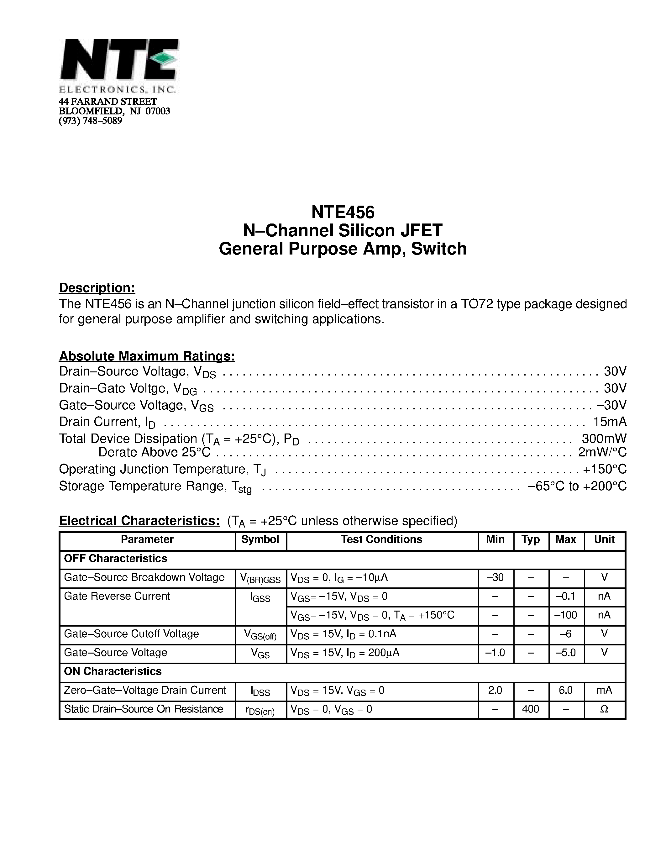 Datasheet NTE456 - N-Channel Silicon JFET General Purpose Amp / Switch page 1