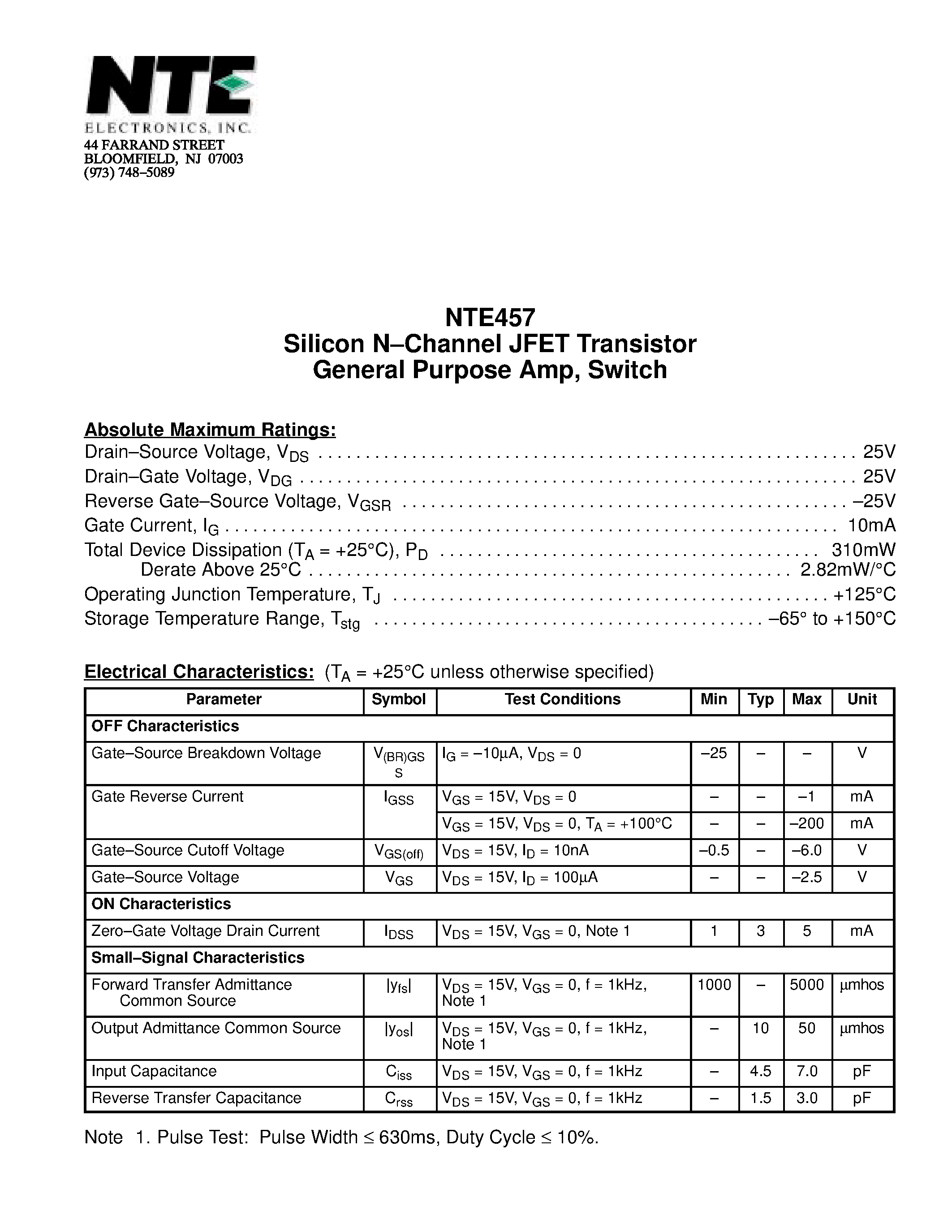 Datasheet NTE457 - Silicon N-Channel JFET Transistor General Purpose Amp / Switch page 1