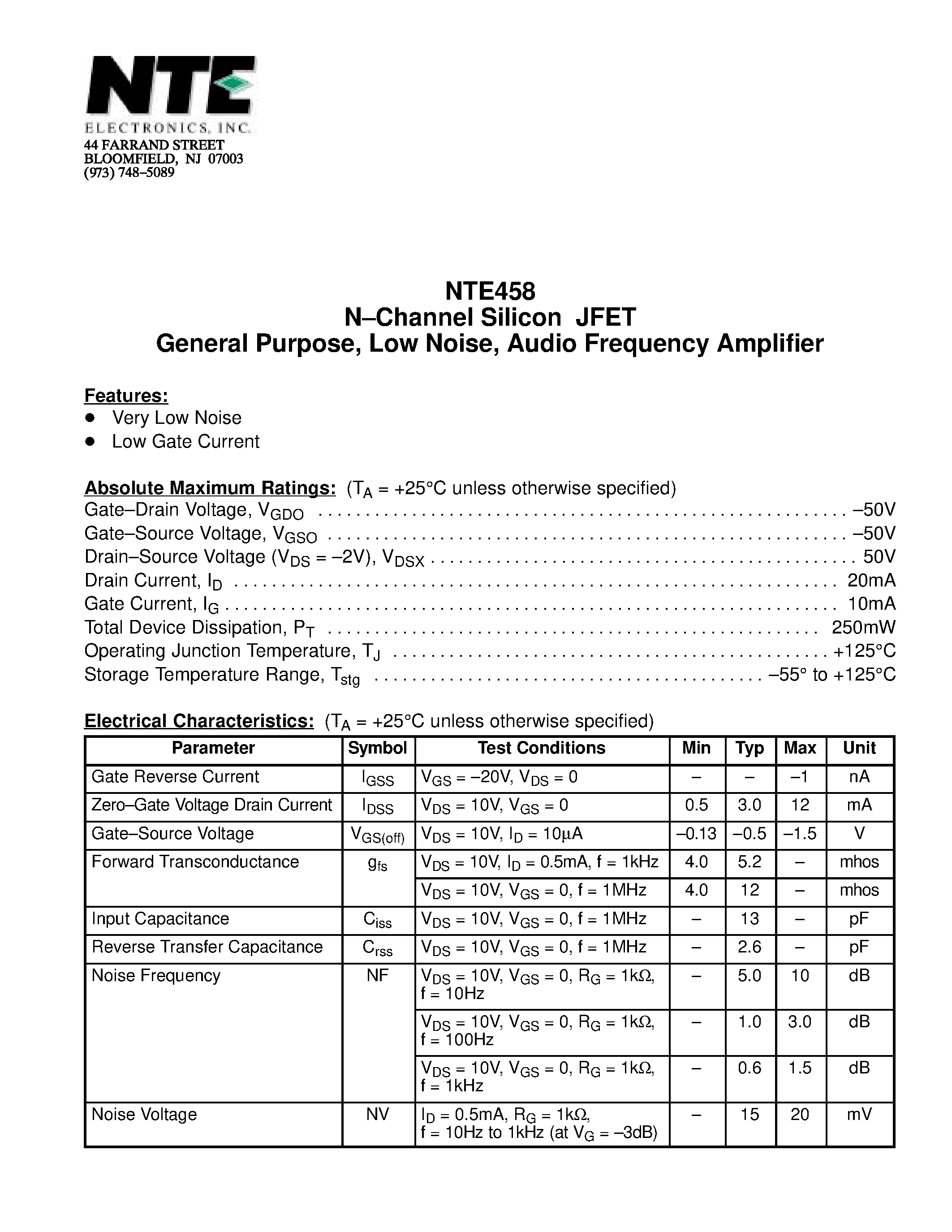 Datasheet NTE458 - N-Channel Silicon JFET General Purpose / Low Noise / Audio Frequency Amplifier page 1