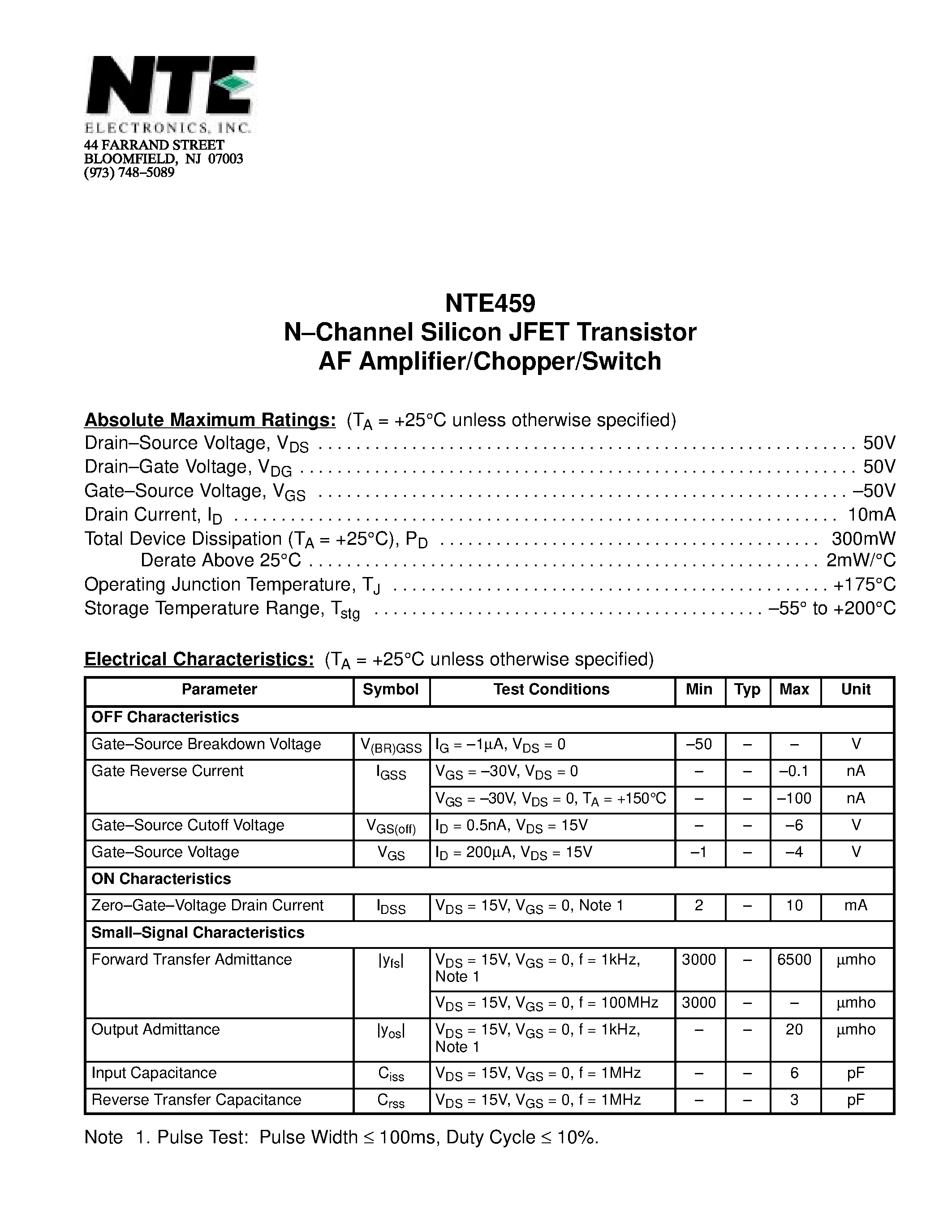 Datasheet NTE459 - N-Channel Silicon JFET Transistor AF Amplifier/Chopper/Switch page 1
