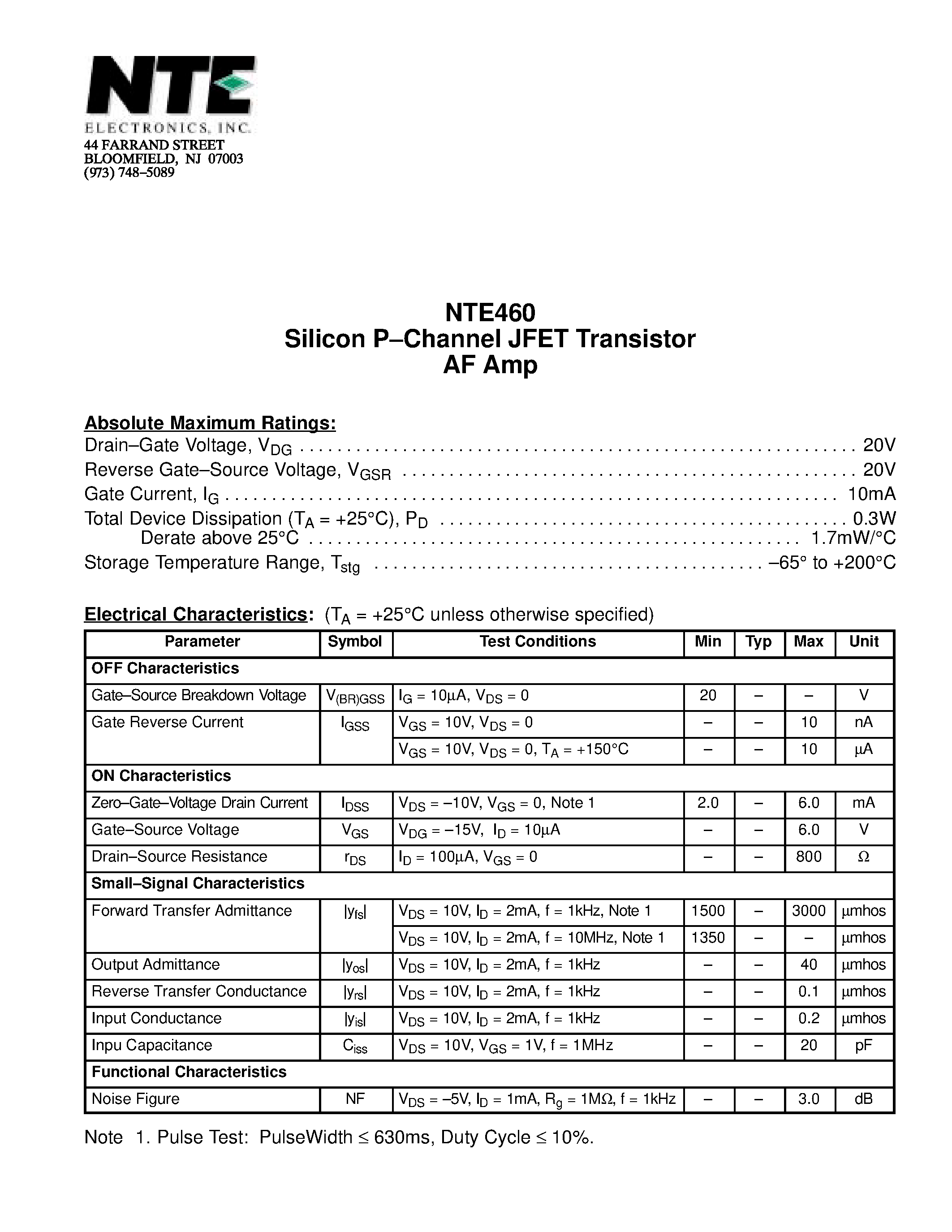 Даташит NTE460 - Silicon P-Channel JFET Transistor AF Amp страница 1