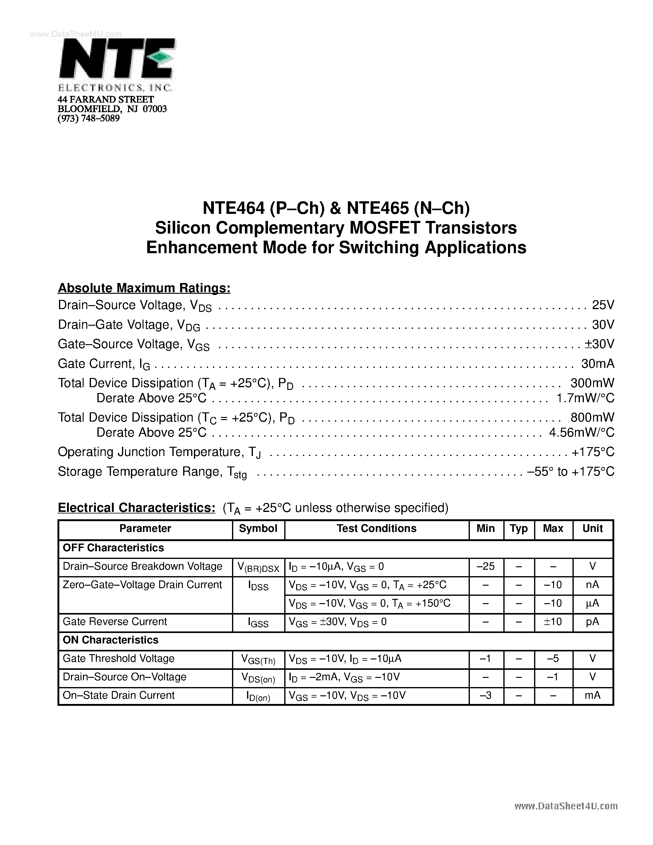 Datasheet NTE464(P-Ch) page 1 Datasheet NTE464(P-Ch) - Silicon Complementary MOSFET Transistors Enhancement Mode for Switching Applications page 1