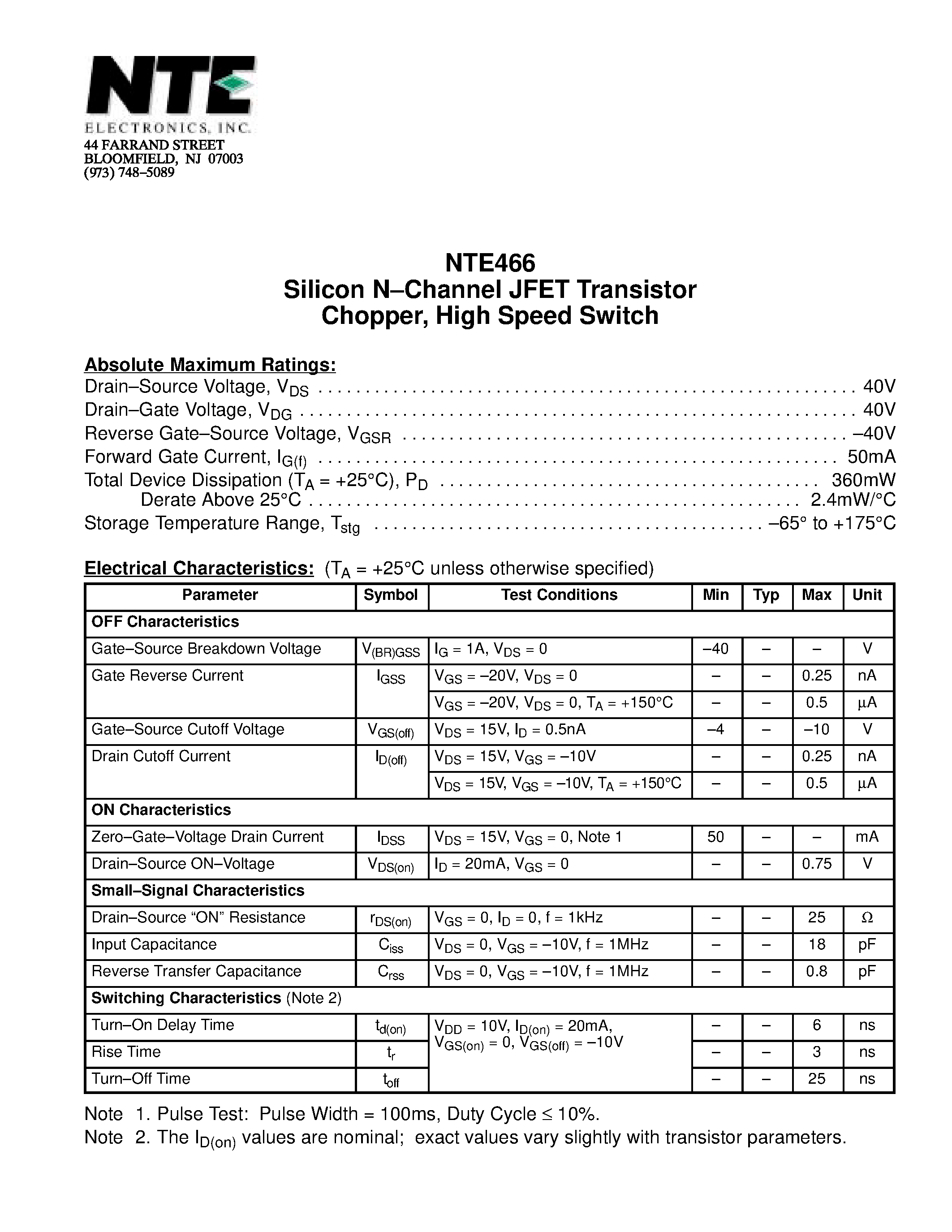 Datasheet NTE466 - Silicon N-Channel JFET Transistor Chopper / High Speed Switch page 1