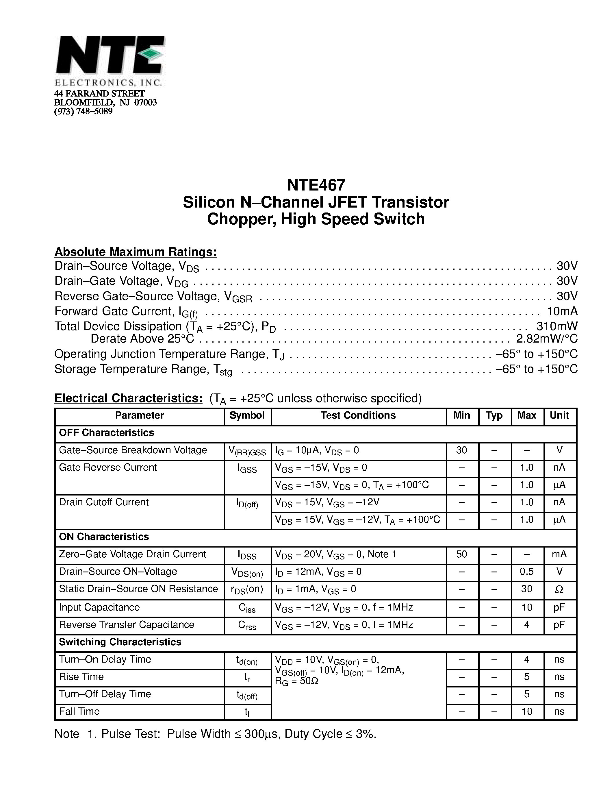 Datasheet NTE467 - Silicon N-channel JFET Transistor Chopper / High Speed Switch page 1