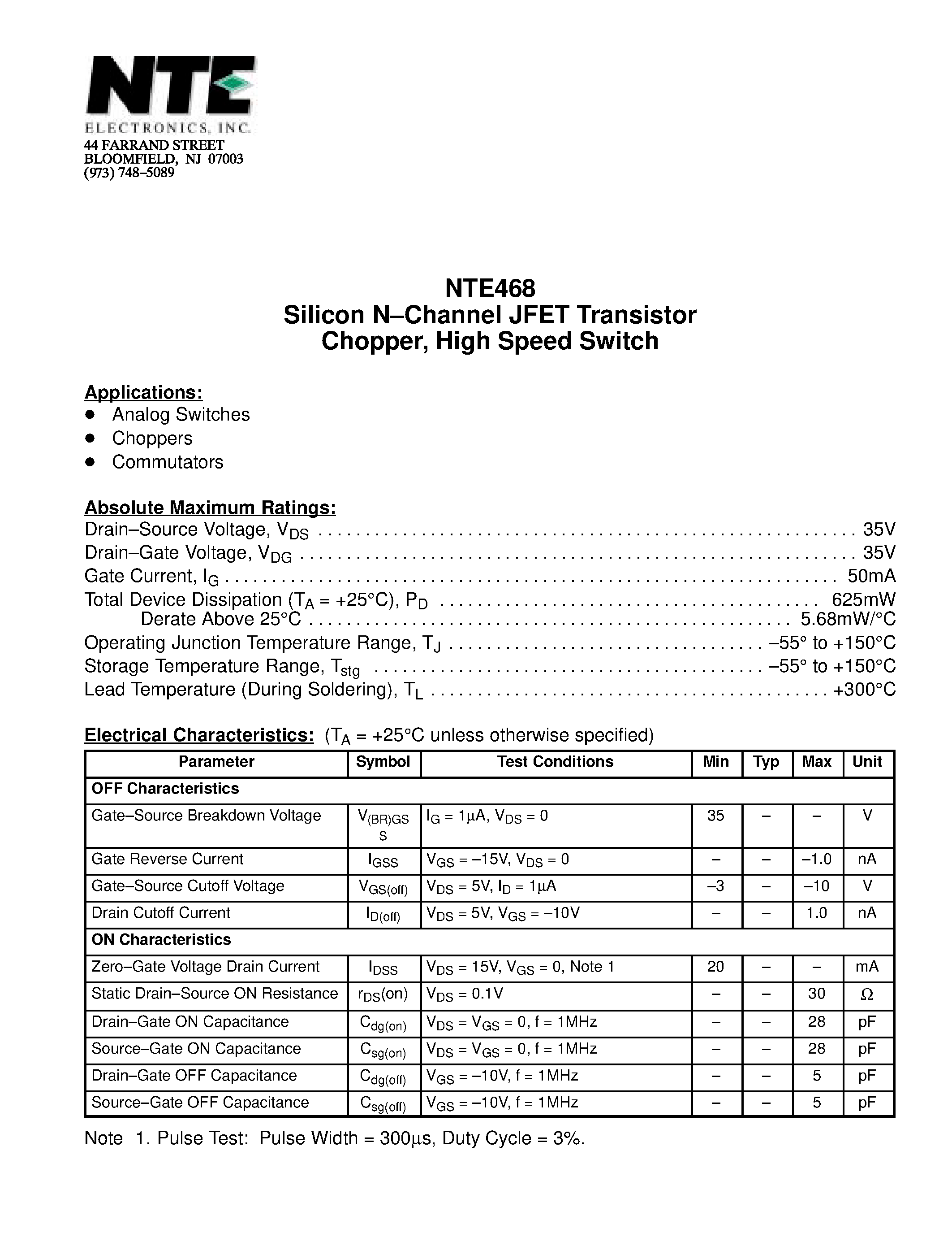 Datasheet NTE468 - Silicon N-Channel JFET Transistor Chopper / High Speed Switch page 1