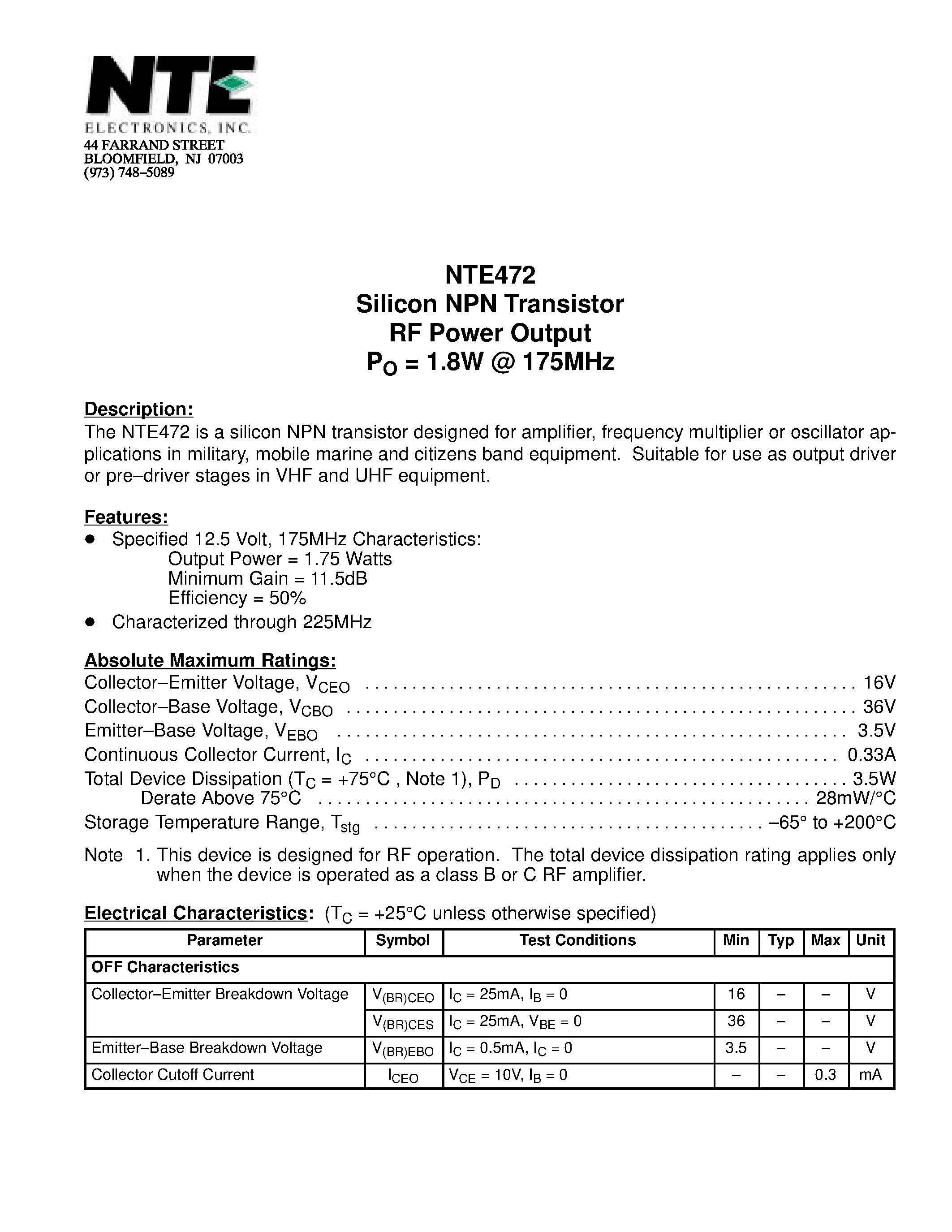 Datasheet NTE472 - Silicon NPN Transistor RF Power Output PO = 1.8W @ 175MHz page 1