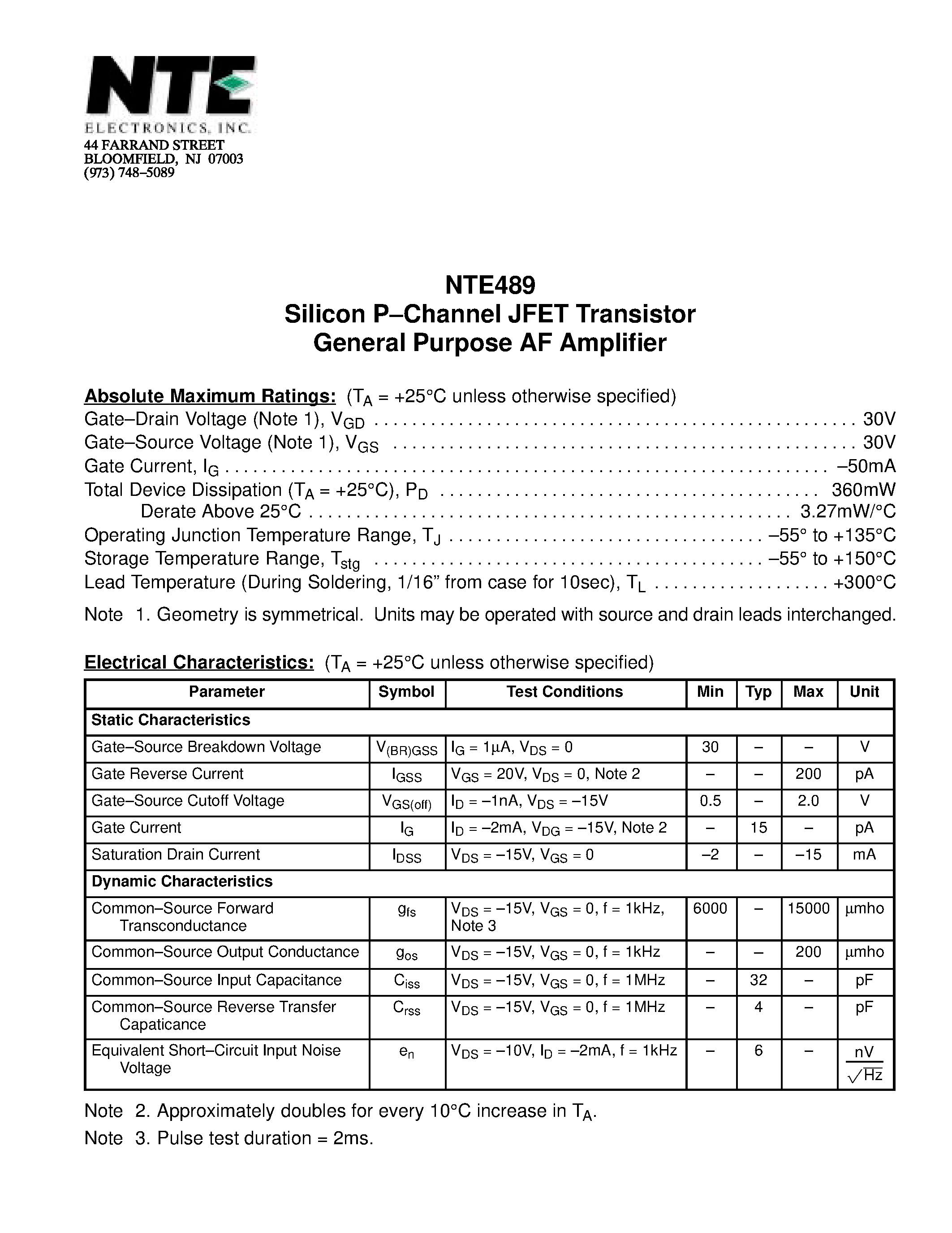 Даташит NTE489 - Silicon P-Channel JFET Transistor General Purpose AF Amplifier страница 1