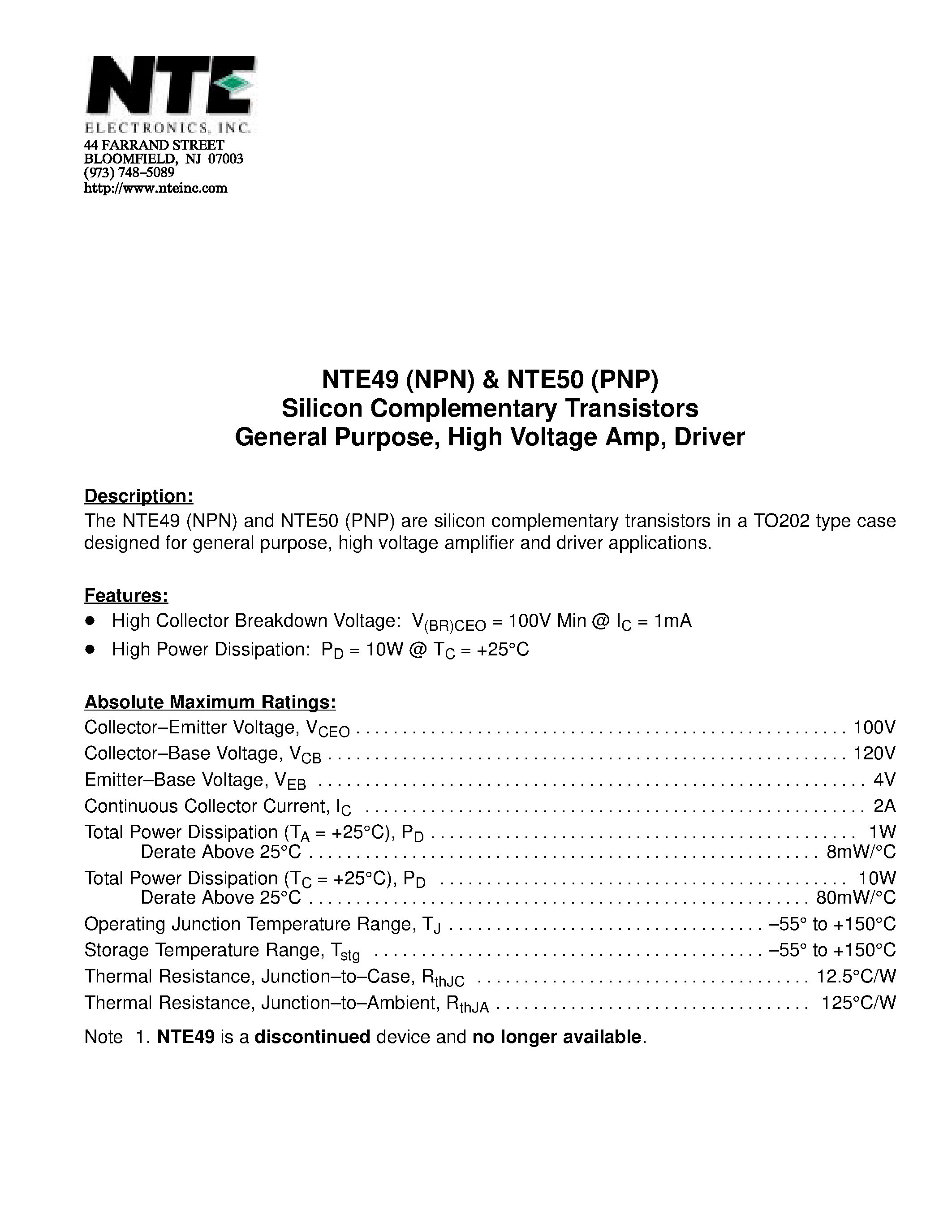 Даташит на микросхему NTE49 страница 1 Даташит NTE49 - Silicon Complementary Transistors General Purpose / High Voltage Amp / Driver страница 1