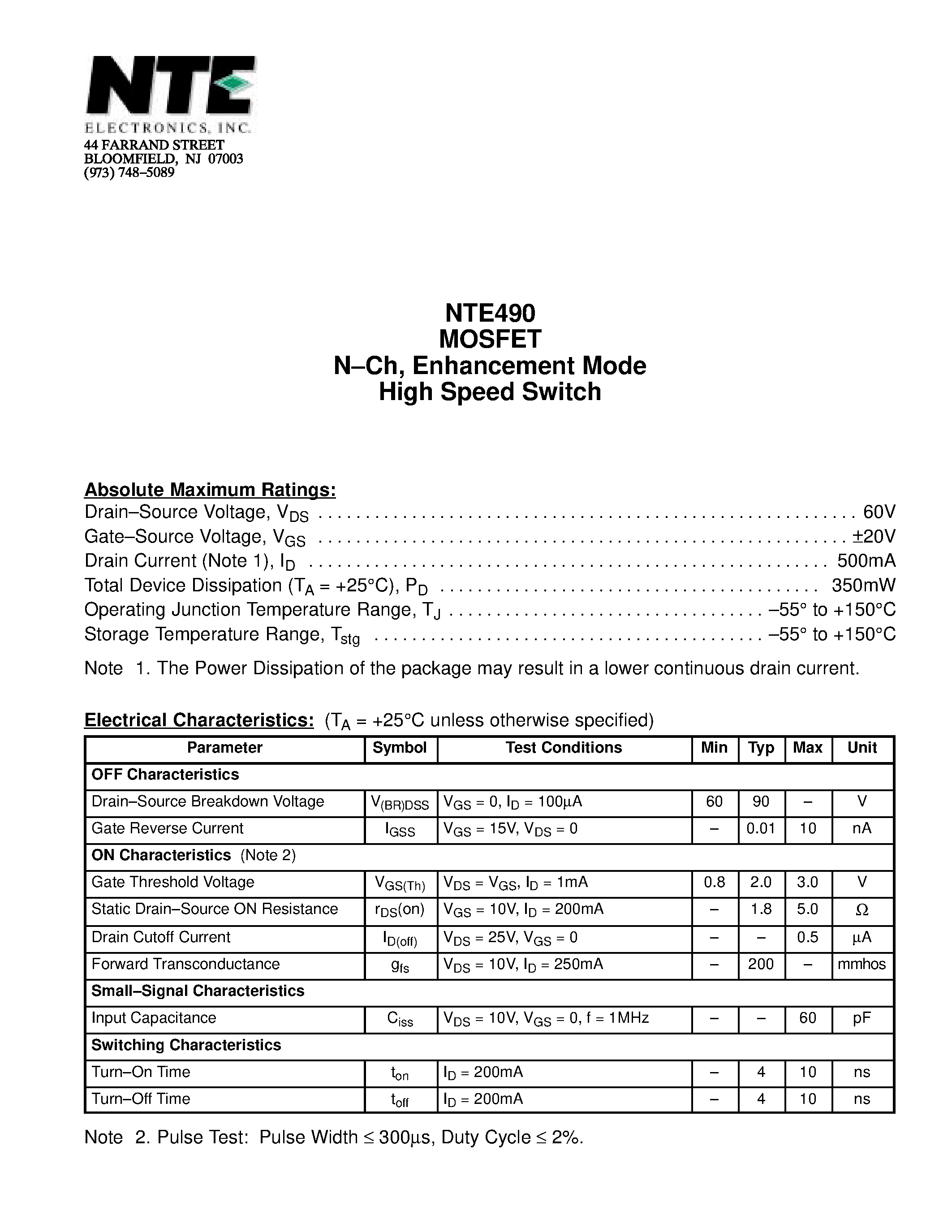 Datasheet NTE490 - MOSFET N-Ch / Enhancement Mode High Speed Switch page 1