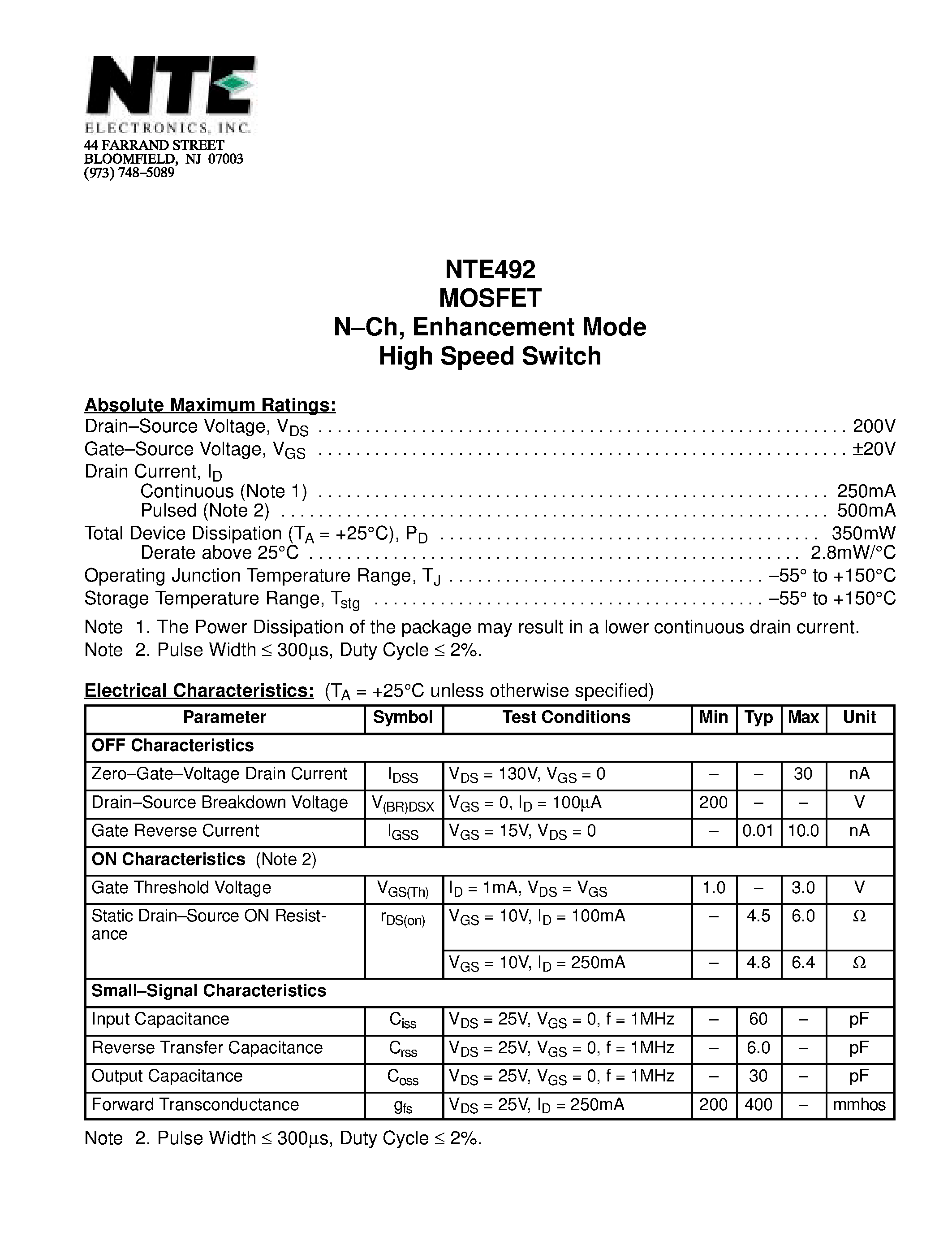 Datasheet NTE492 - MOSFET N-Ch / Enhancement Mode High Speed Switch page 1