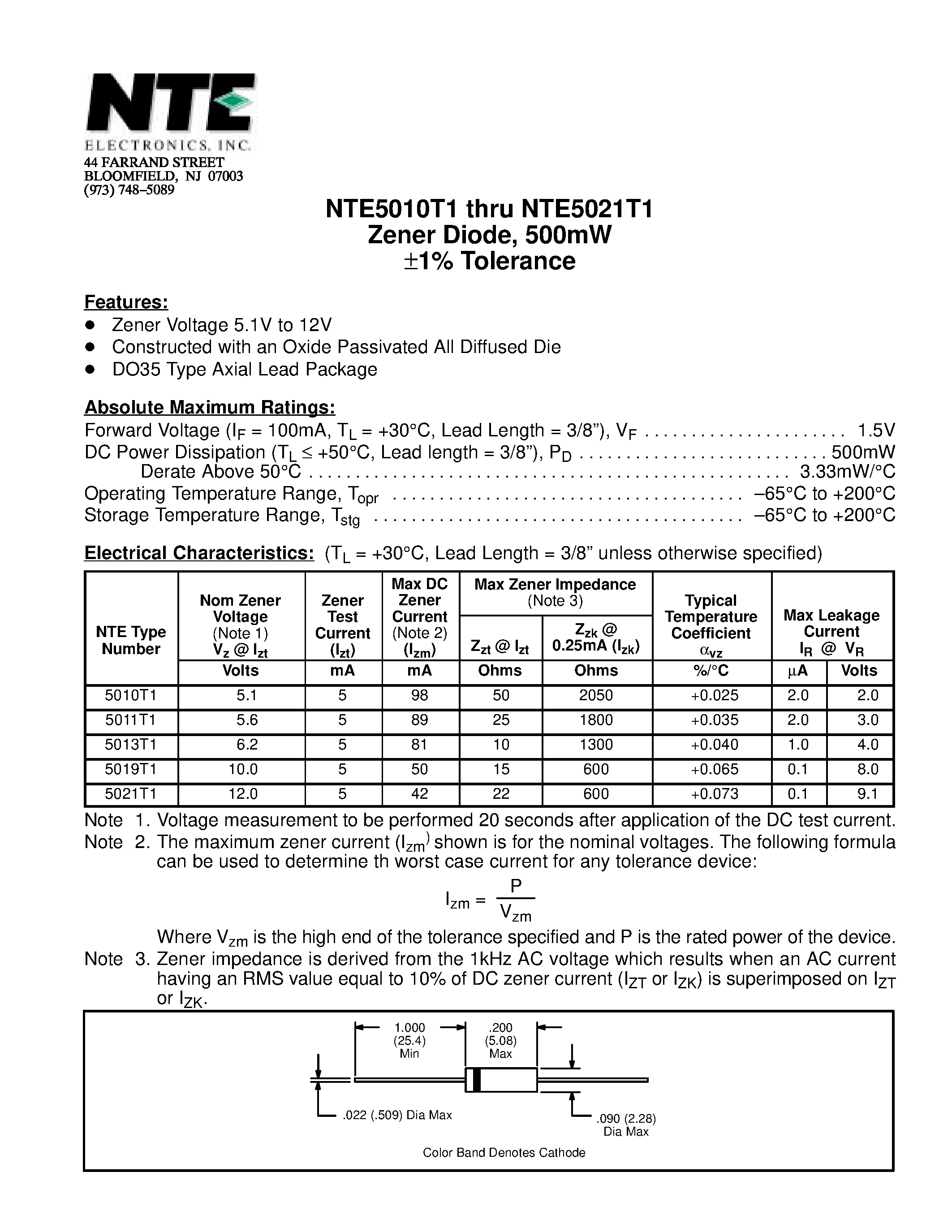 Datasheet NTE5021T1 - Zener Diode / 500mW 1% Tolerance page 1