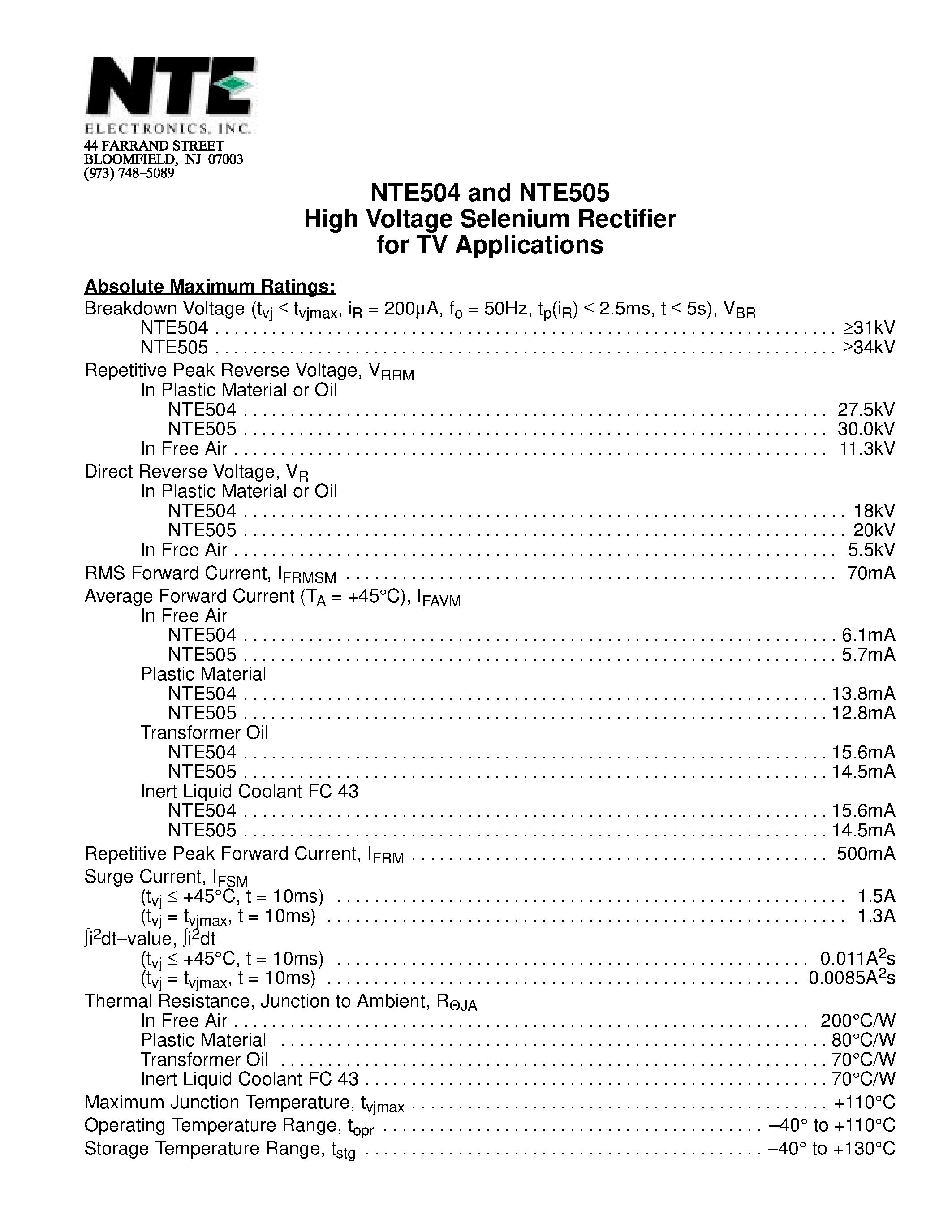 Даташит NTE504 - High Voltage Selenium Rectifier for TV Applications страница 1