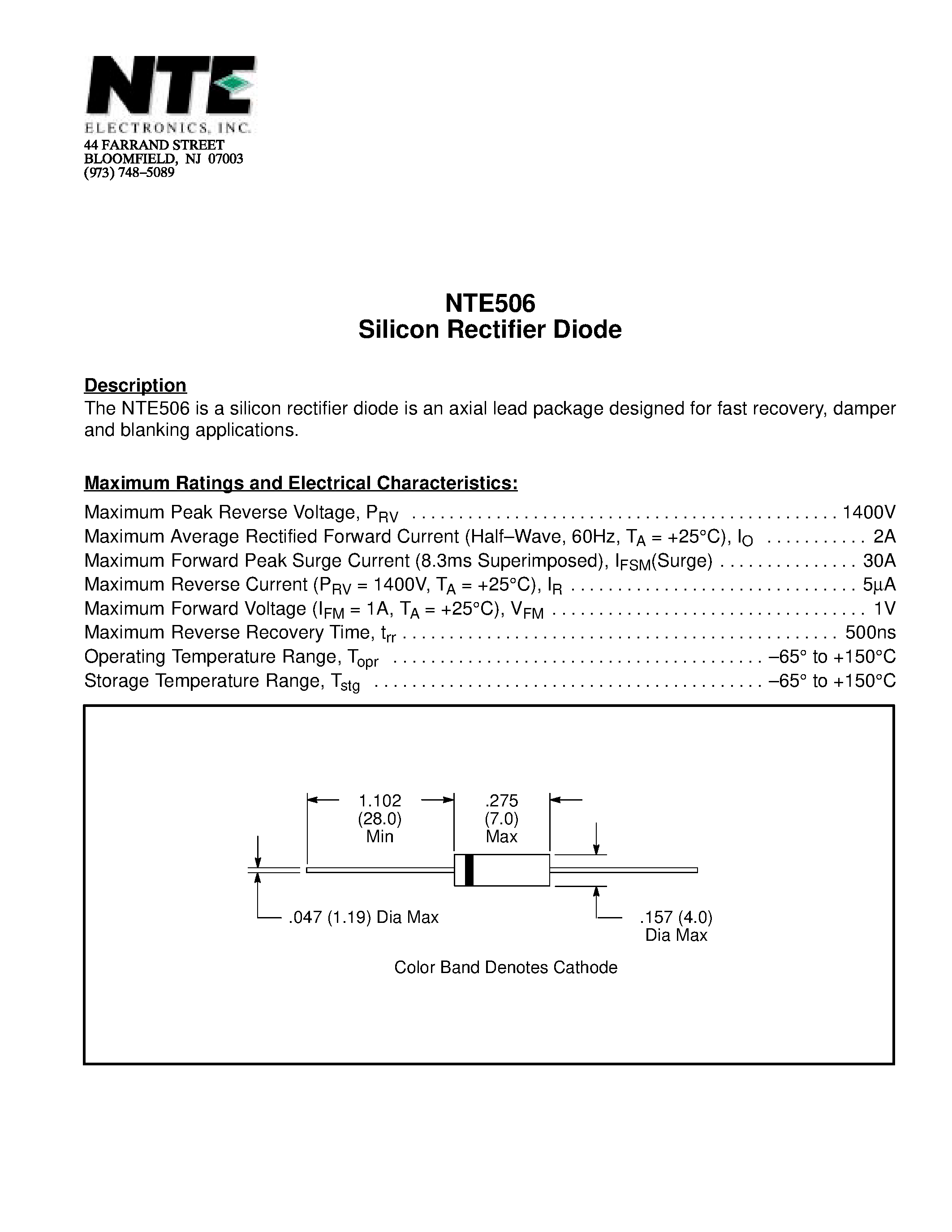Даташит NTE506 - Silicon Rectifier Diode страница 1