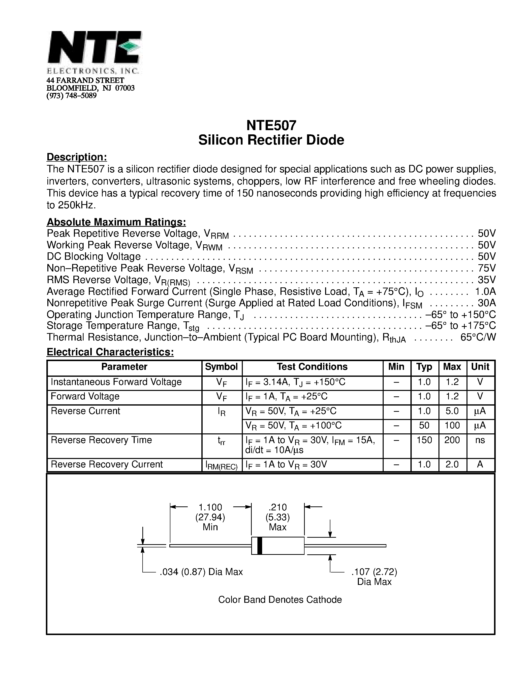 Даташит NTE507 - Silicon Rectifier Diode страница 1