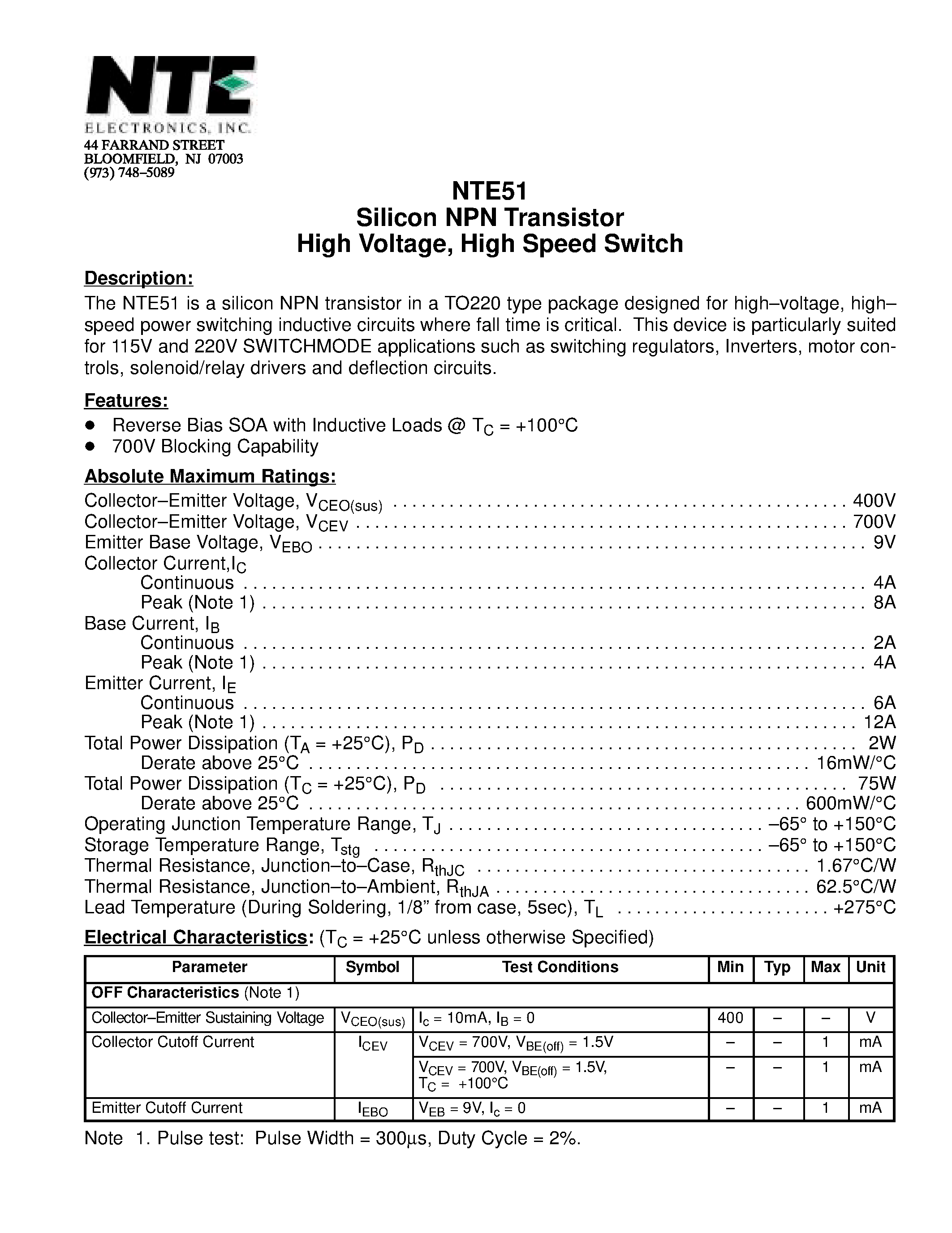 Datasheet NTE51 page 1 Datasheet NTE51 - Silicon NPN Transistor High Voltage / High Speed Switch page 1