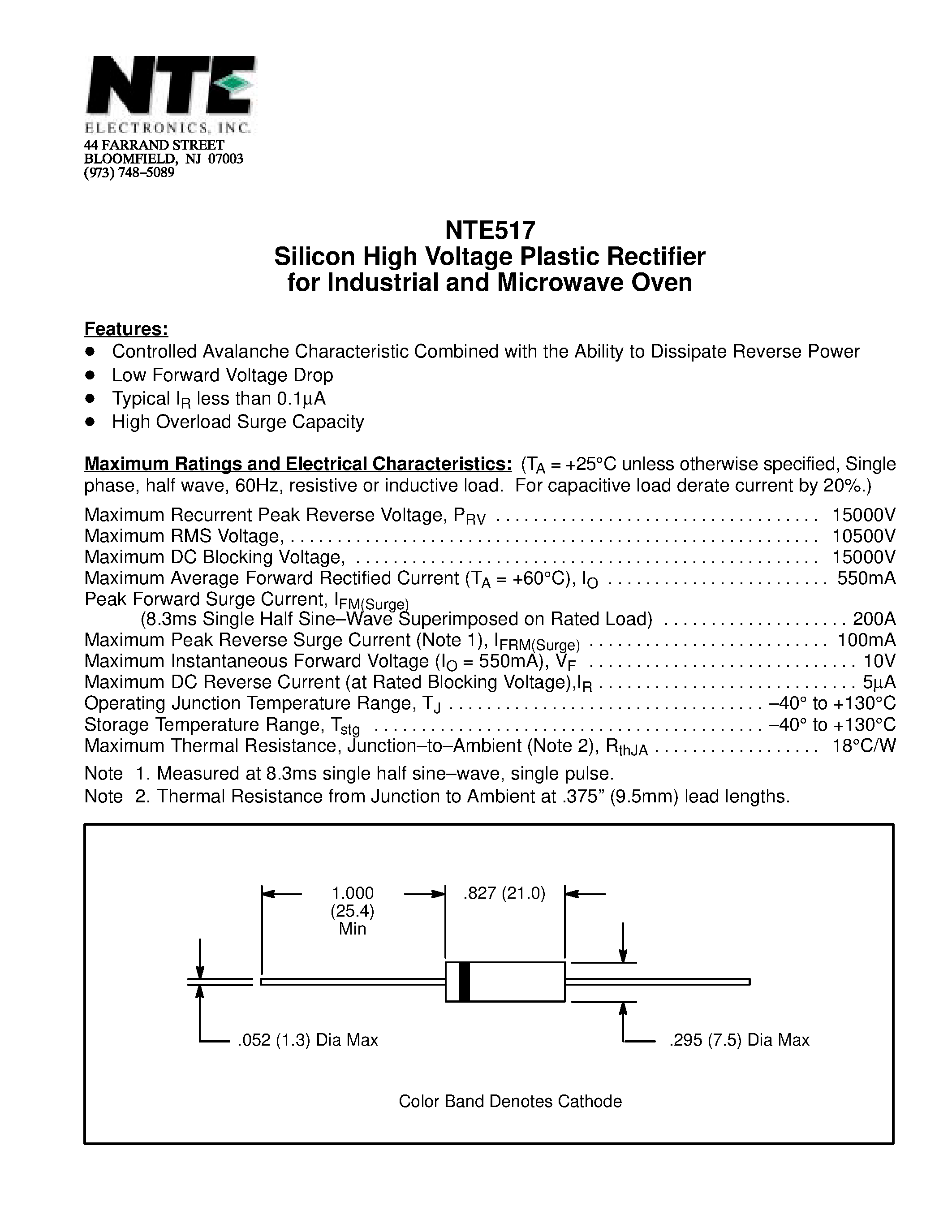 Даташит NTE517 - Silicon High Voltage Plastic Rectifier for Industrial and Microwave Oven страница 1