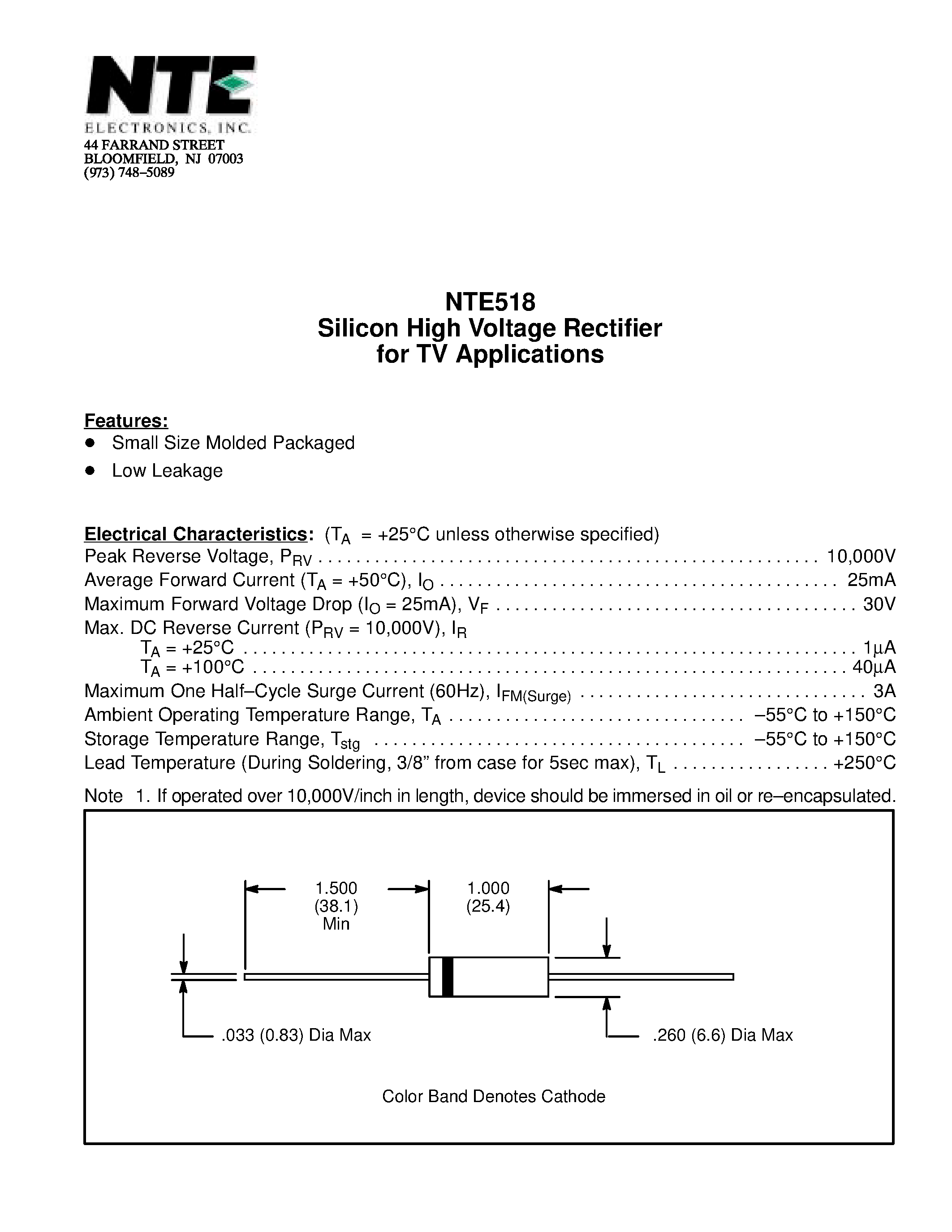 Даташит NTE518 - Silicon High Voltage Rectifier for TV Applications страница 1