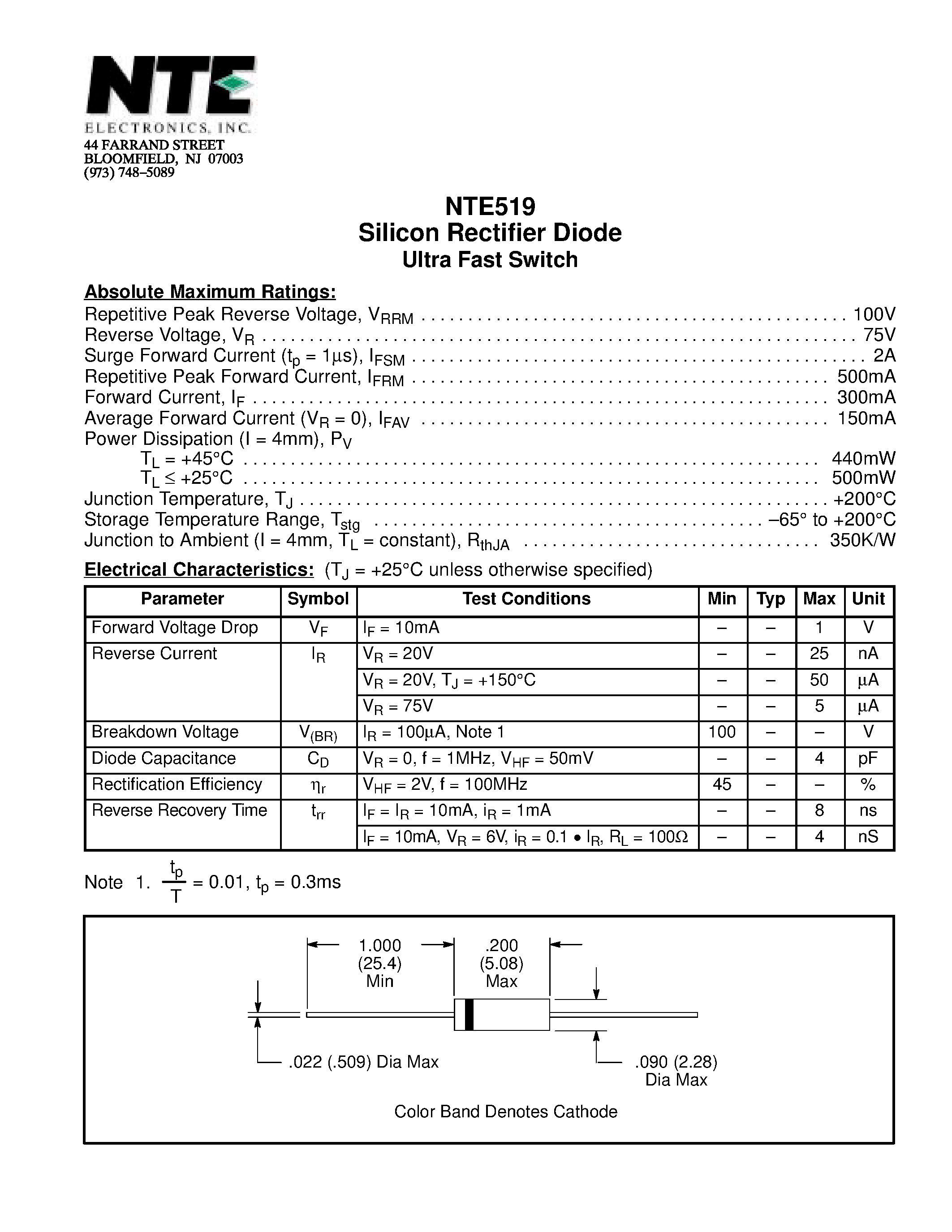 Даташит NTE519 - Silicon Rectifier Diode Ultra Fast Switch страница 1