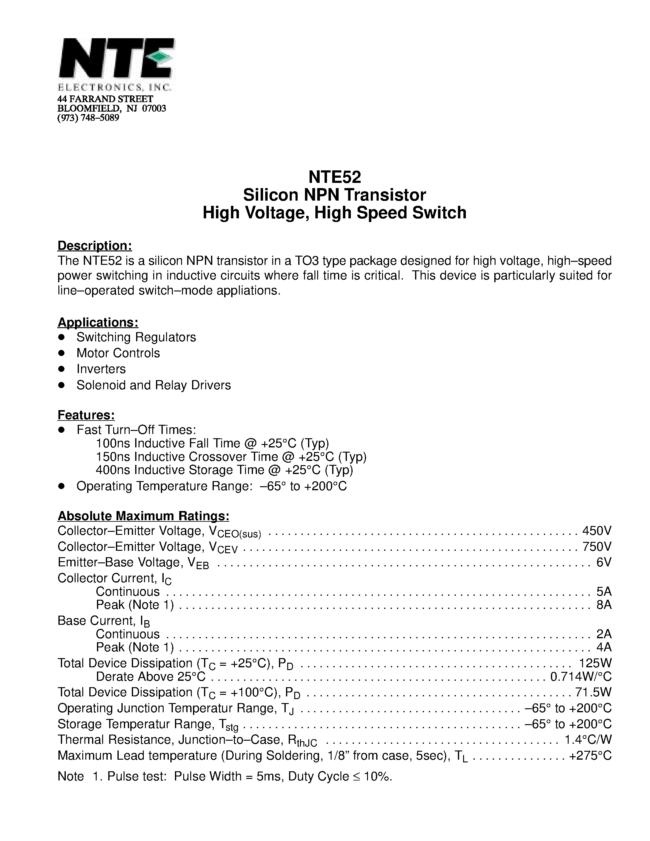 Datasheet NTE52 - Silicon NPN Transistor High Voltage / High Speed Switch page 1