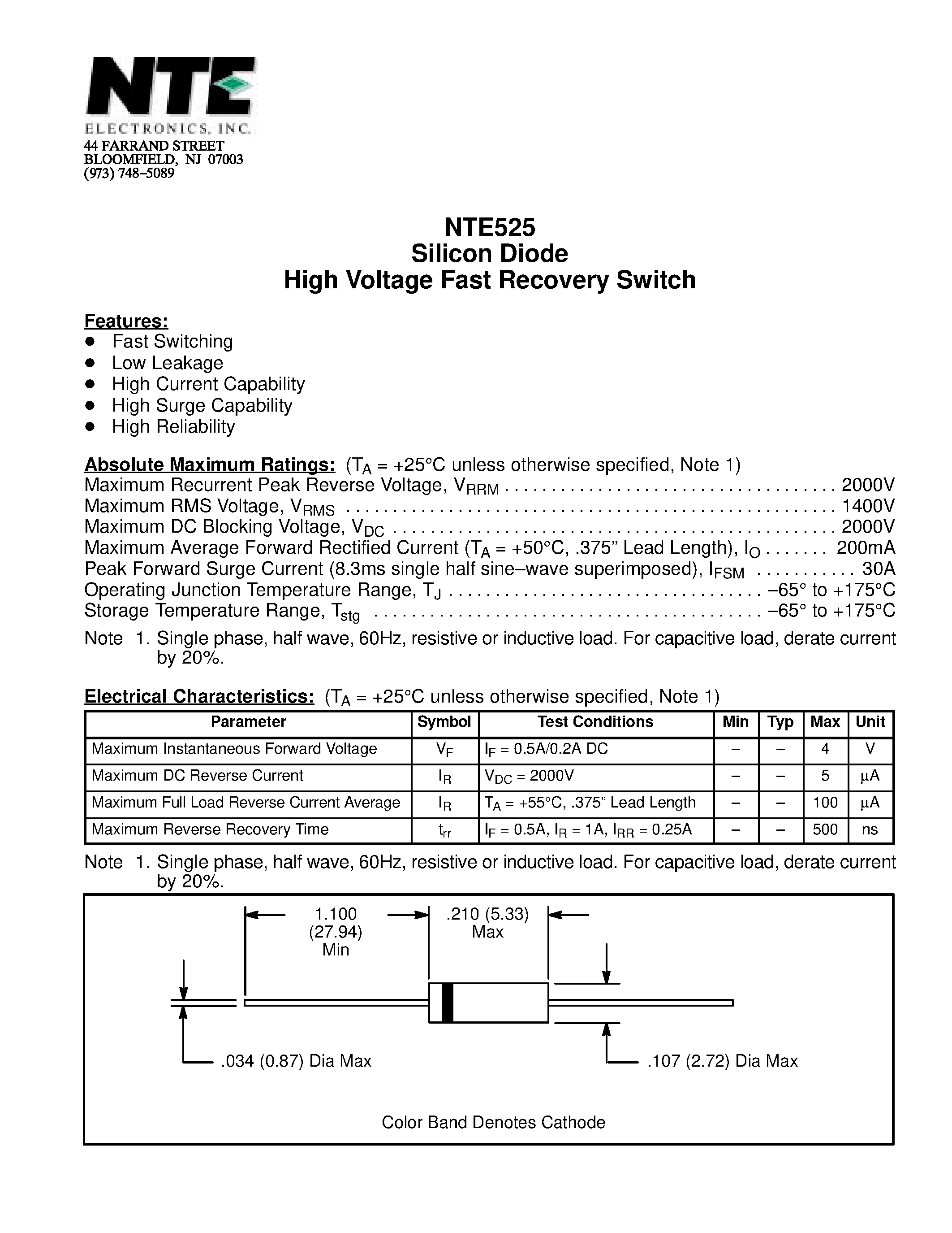 Datasheet NTE525 - Silicon Diode High Voltage Fast Recovery Switch page 1