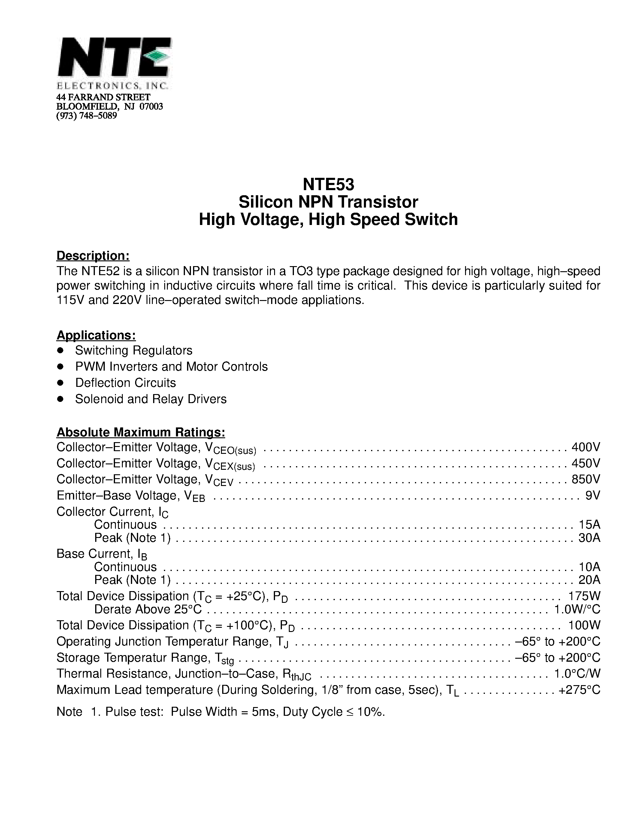 Datasheet NTE53 page 1 Datasheet NTE53 - Silicon NPN Transistor High Voltage / High Speed Switch page 1
