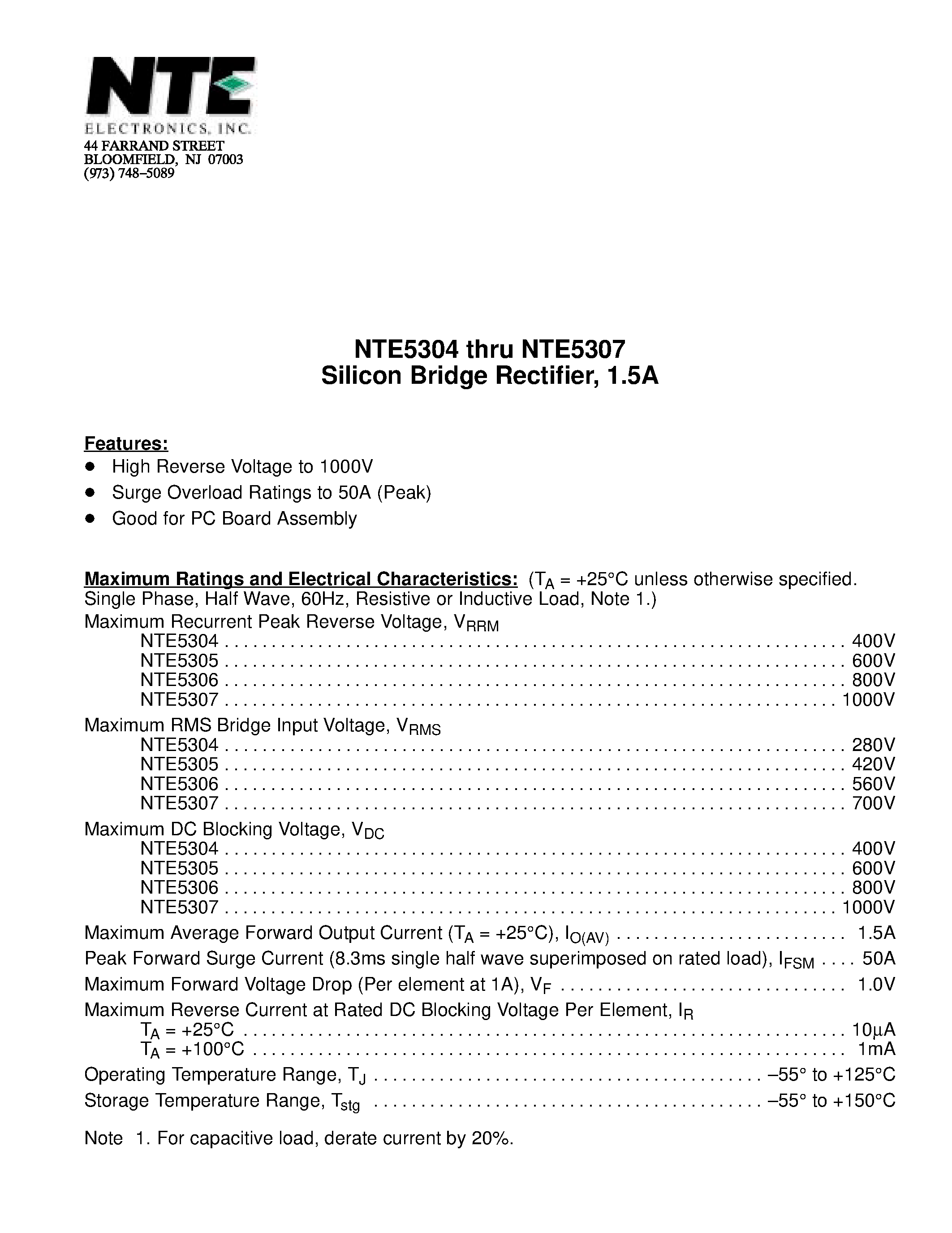Datasheet NTE5307 - Silicon Bridge Rectifier / 1.5A page 1