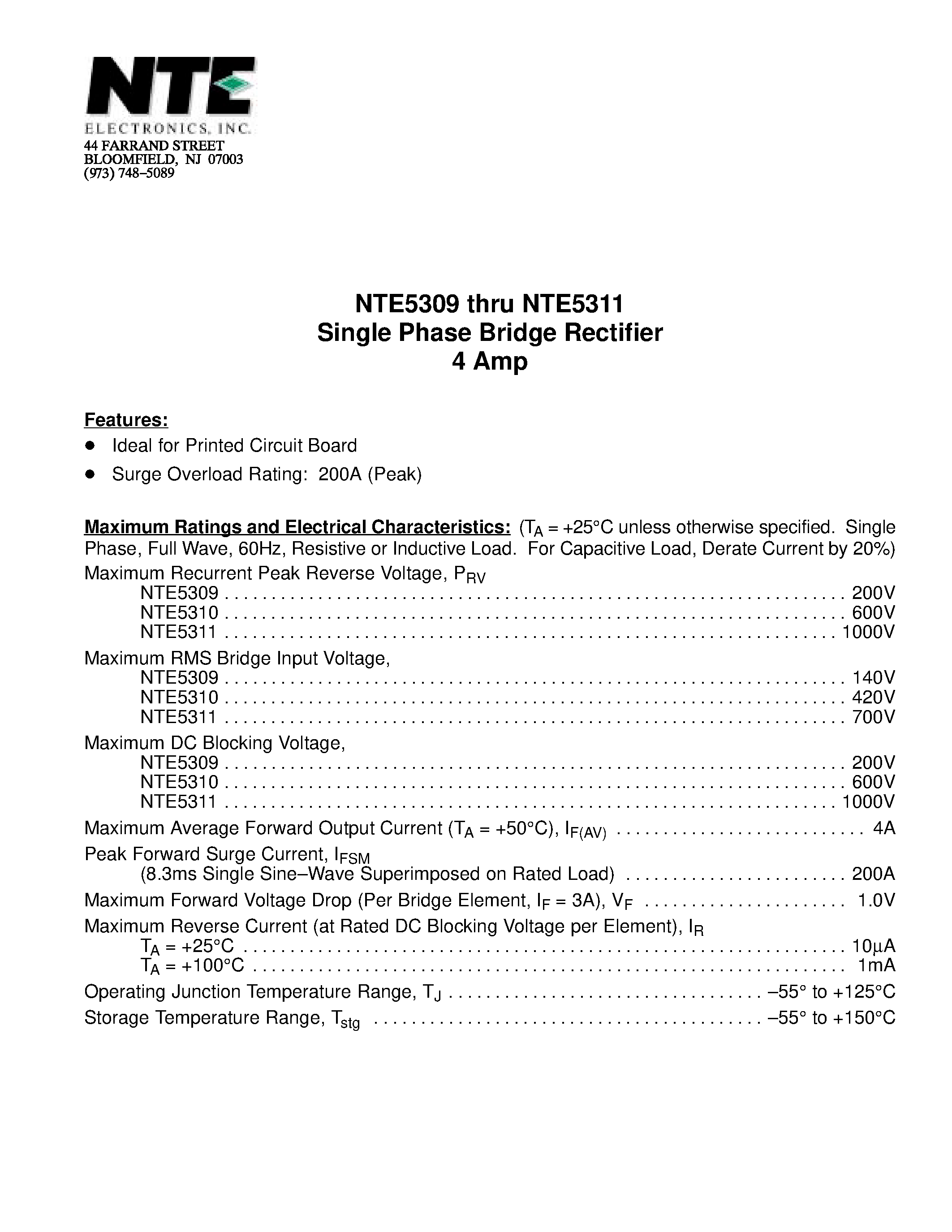 Datasheet NTE5311 - Single Phase Bridge Rectifier 4 Amp page 1