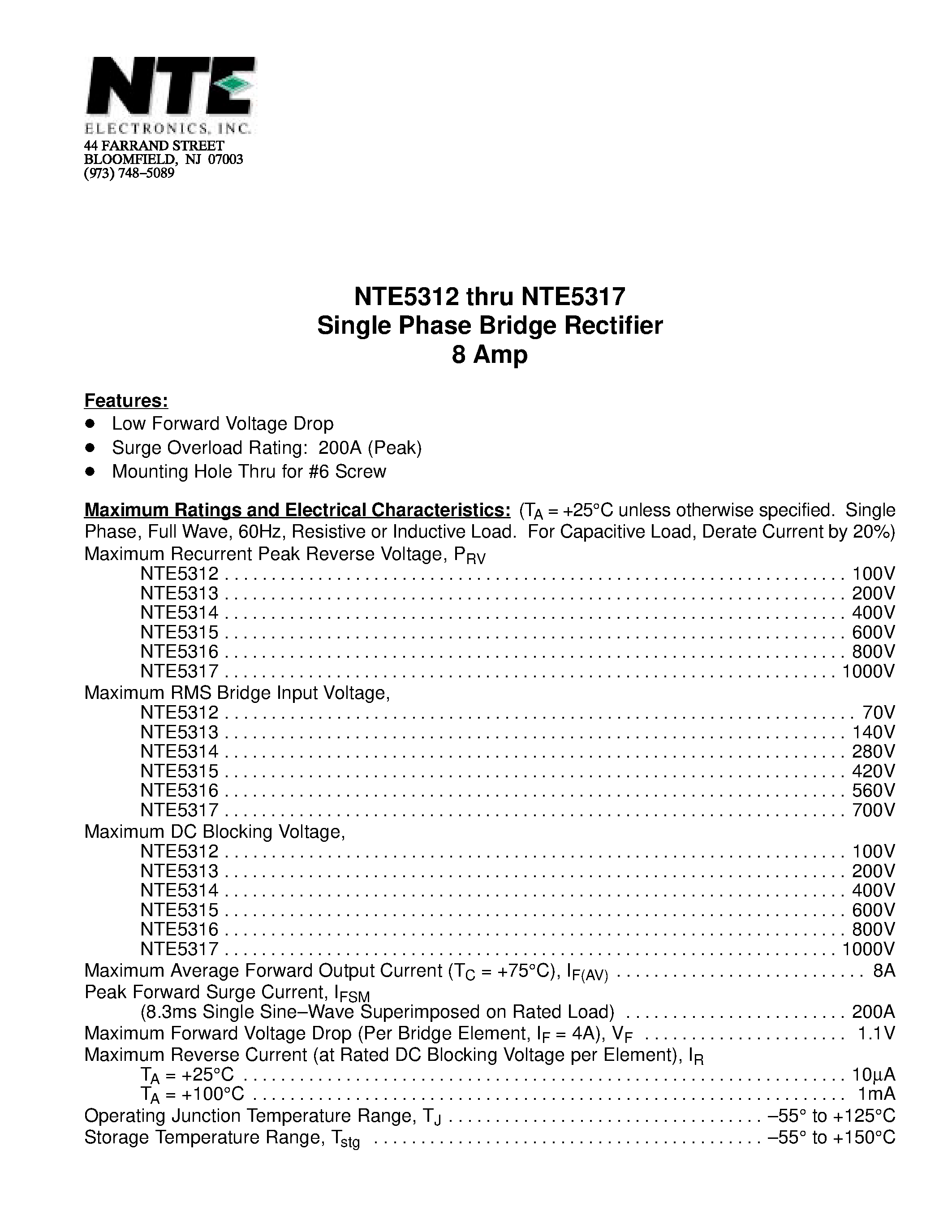 Даташит NTE5312 - Single Phase Bridge Rectifier 8 Amp страница 1