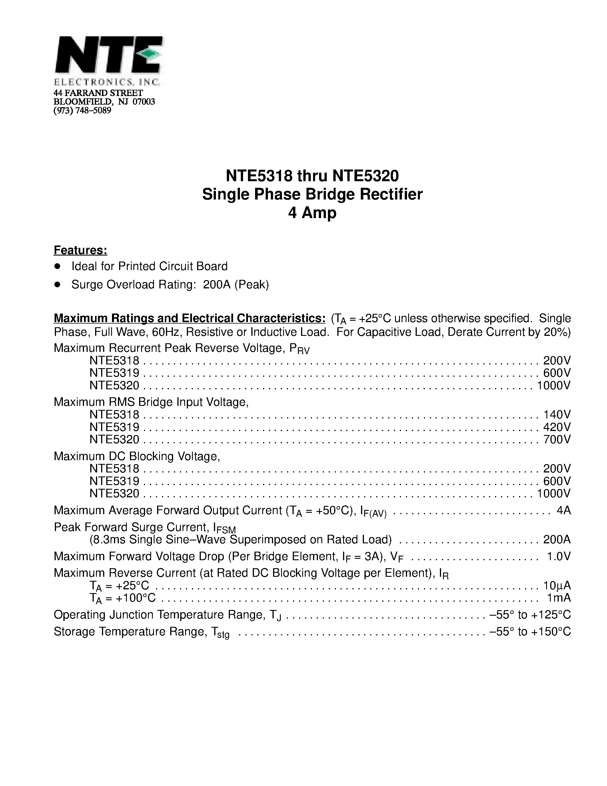 Datasheet NTE5320 - Single Phase Bridge Rectifier 4 Amp page 1