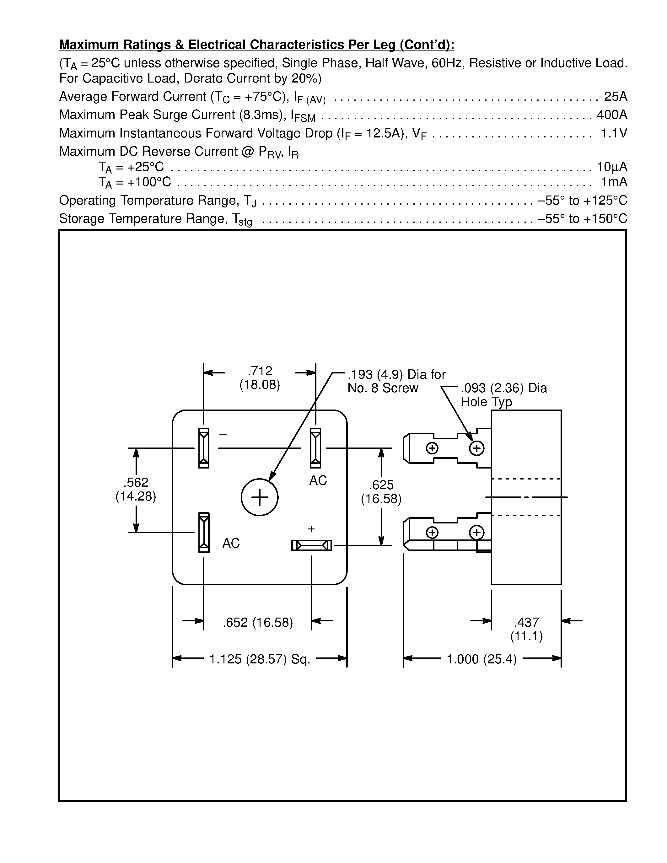 Даташит NTE5322 - NTE5326/NTE5327/NTE5328 Silicon Bridge Rectifier / Single-Phase / 25 Amp страница 2