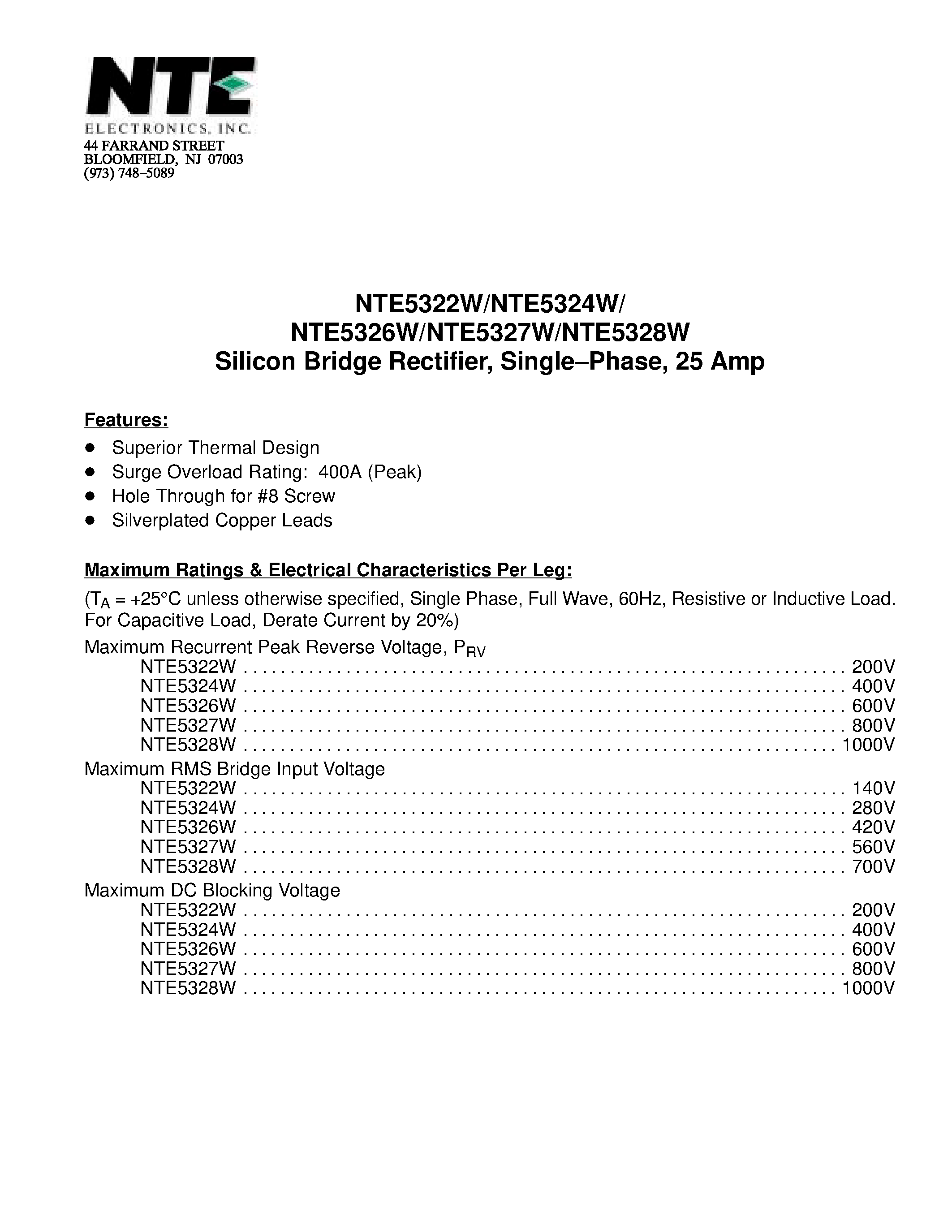 Даташит NTE5322W - Silicon Bridge Rectifier / Single-Phase / 25 Amp страница 1