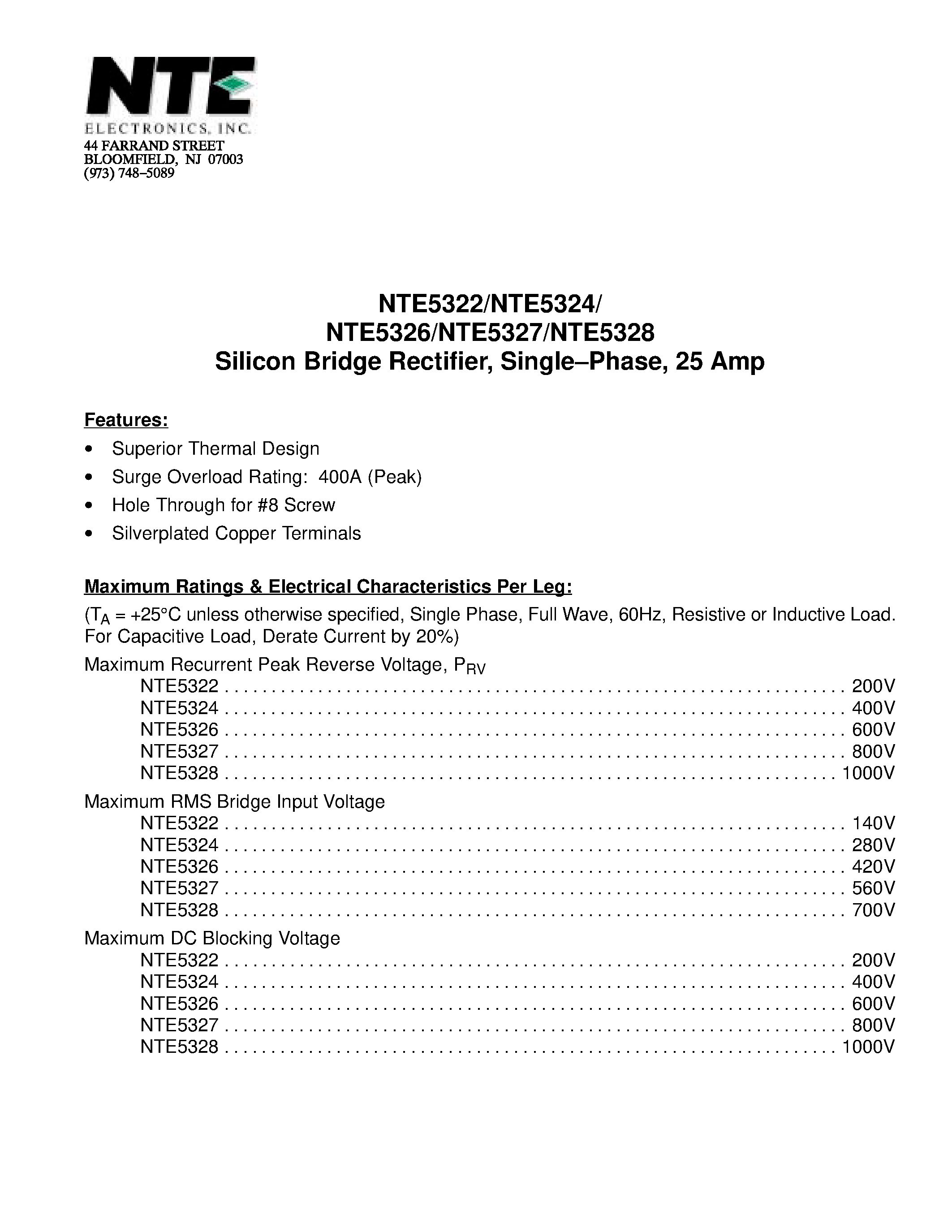 Даташит NTE5324 - NTE5326/NTE5327/NTE5328 Silicon Bridge Rectifier / Single-Phase / 25 Amp страница 1