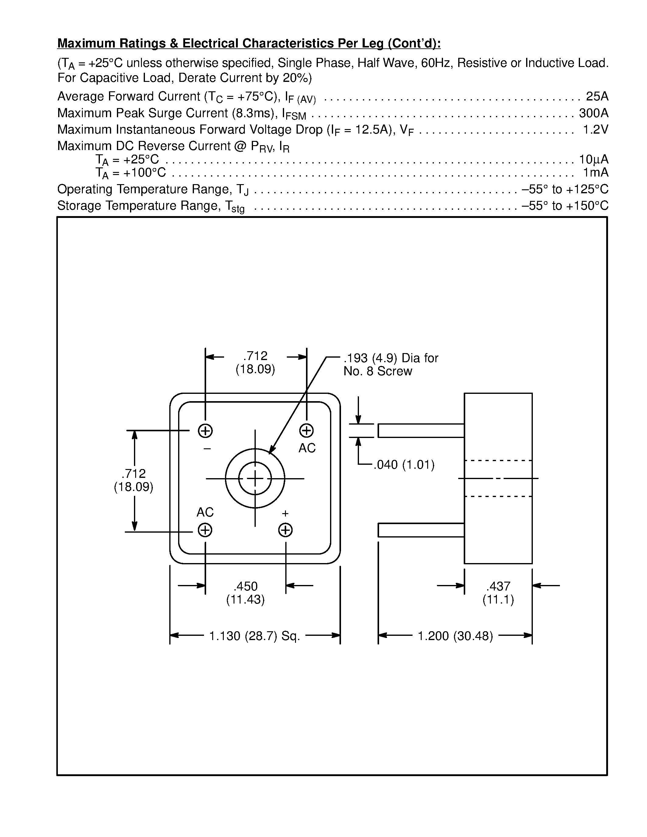 Даташит NTE5327W - Silicon Bridge Rectifier / Single-Phase / 25 Amp страница 2
